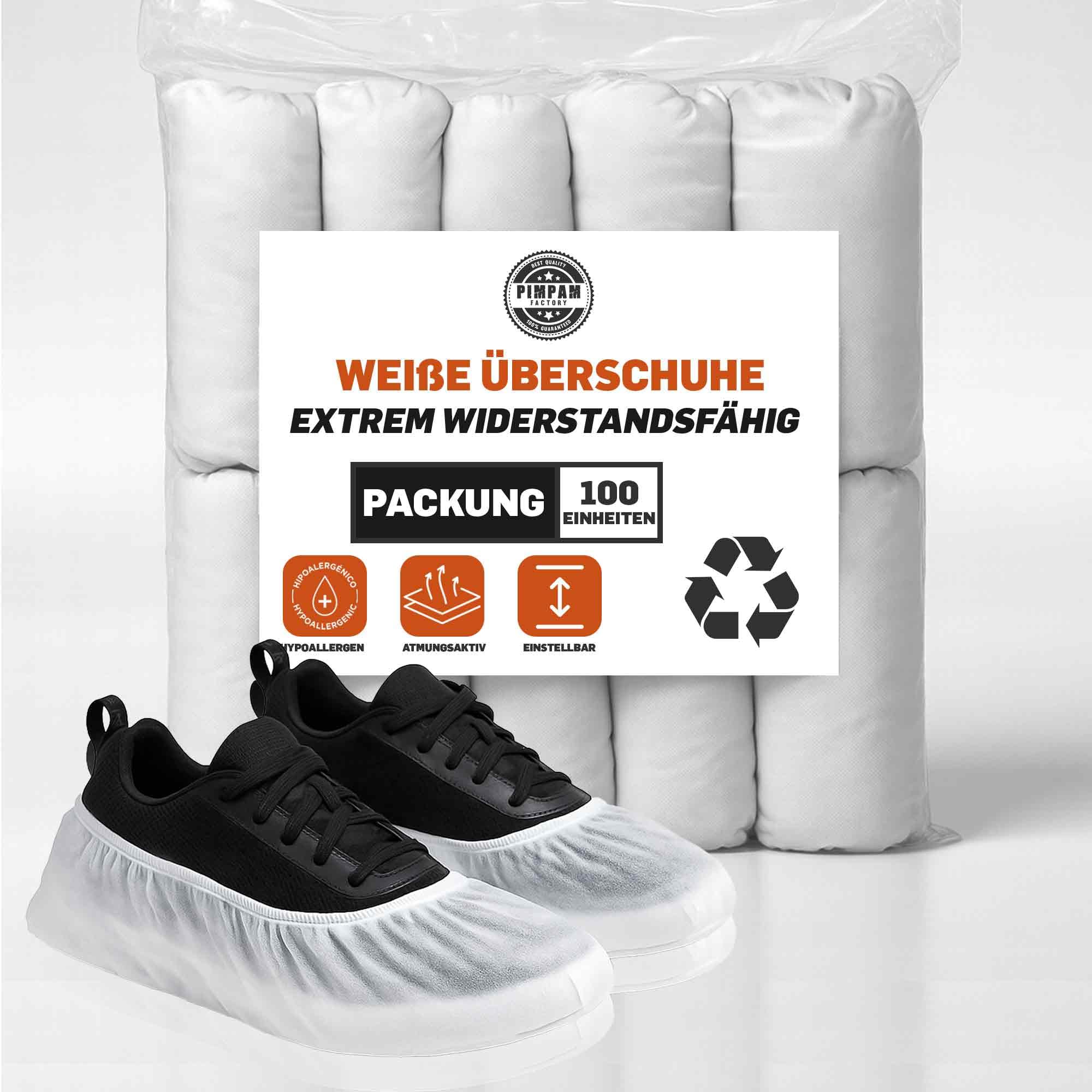 PimPam Factory Einweg-Schuhüberzieher - 100 Stück - Überschuhe Erwachsene atmungsaktiv & verstellbar - Geruchsfreie & hypoallergene Schuhschützer - Weiße Schuhüberzieher