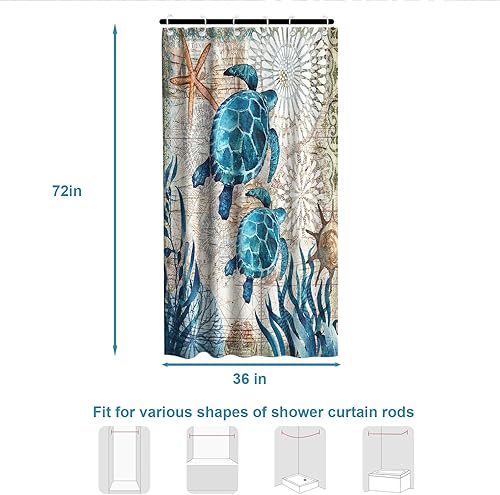 Vista 24 de Cortina de ducha de tortugas marinas, temática náutica de playa, verde y verde azulado, sin ganchos, punto gofre y forro desmontable, decoración