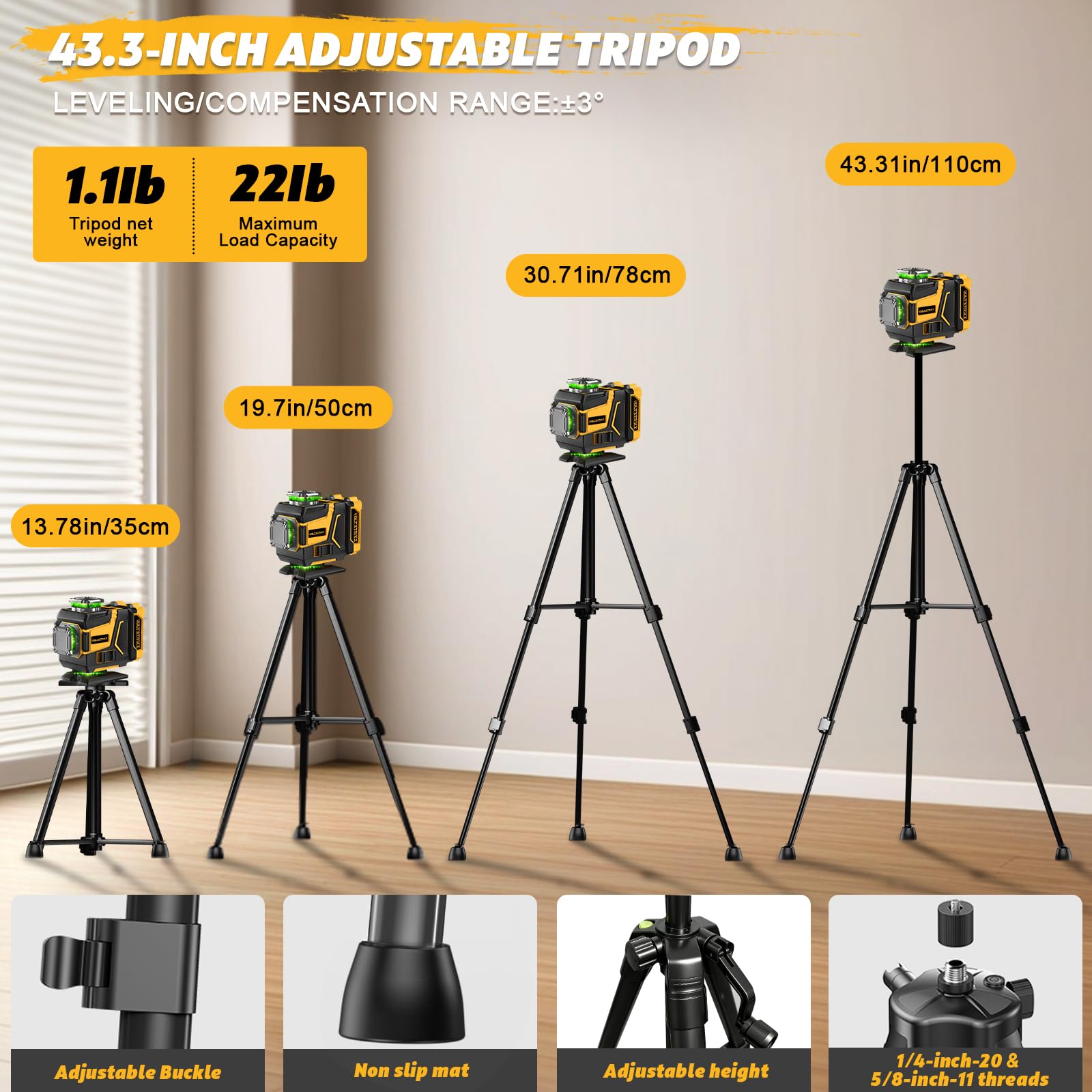 Niveau Laser 360 Autonivelant, 16 Lignes Lazer Niveaux Vert 4D, Laser Chantier avec trepied, 2 Batteries 4800mAh et Télécommande, IP54, pour Rénovation de Maison, Intérieur et Travaux Extérieurs