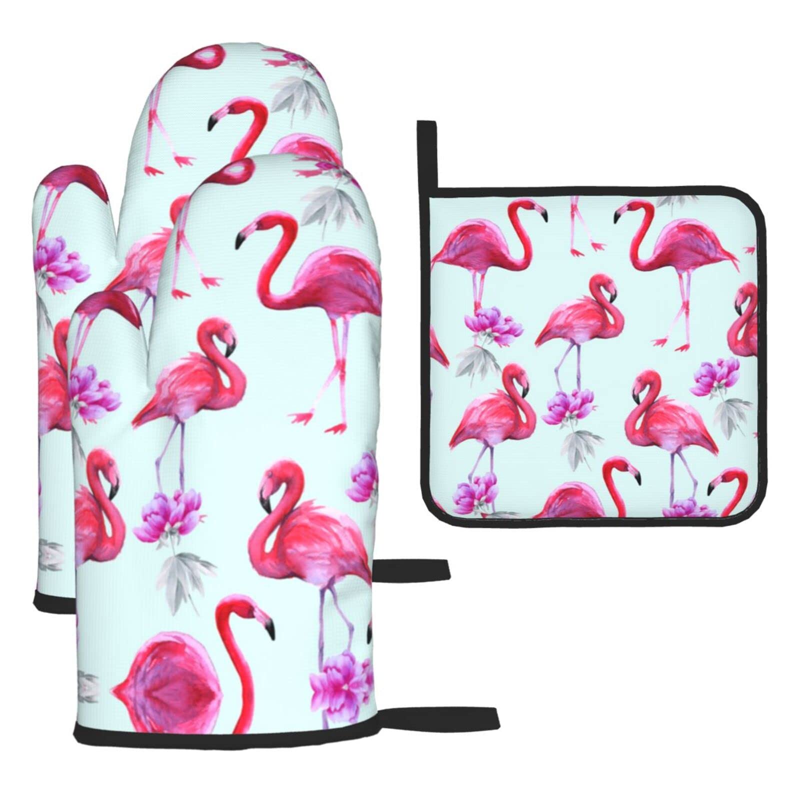 Pink Flamingos Oven Mitts and Pot Holder Kitchen Set for Grilling, Cooking, Baking, Heat Resistant