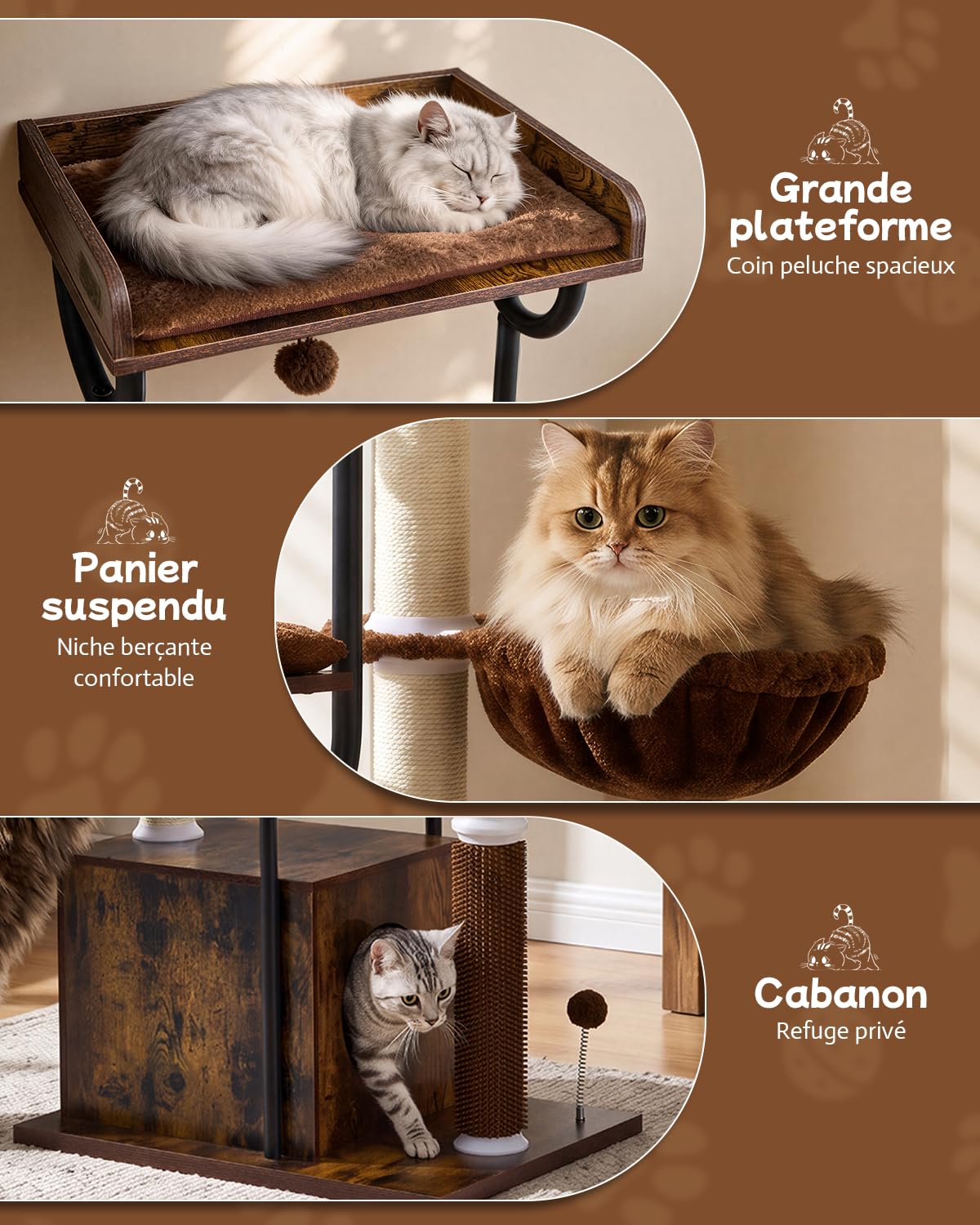 FourFurPets Arbre à Chat Bois 188 cm, Arbre à Chat avec Griffoir et 5 Poteaux Griffoir Chat, Tour Moderne avec Condo, Panier et Peigne de Massage pour Grands Chats, Stable et Design (Marron Rustique)