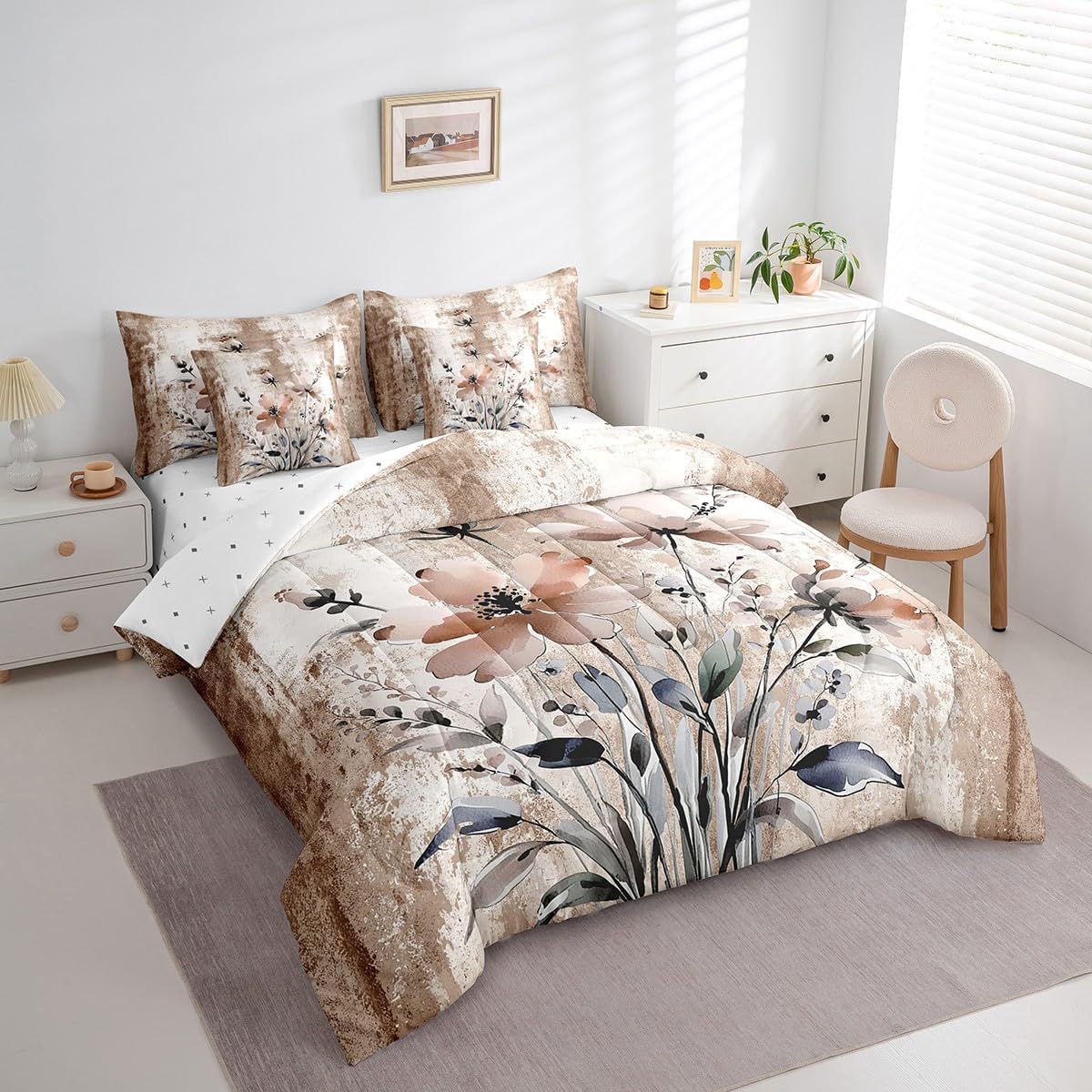 Ombre Beige Brown Grey White King Bedding 7 Pcs Soft Abstract Oil Painting Comforter Sets - Rustic Farmhouse Comforter For Boys Girls Adult Watercolor Floral Bed Set Country Wooden Theme Room Decor - Image 4