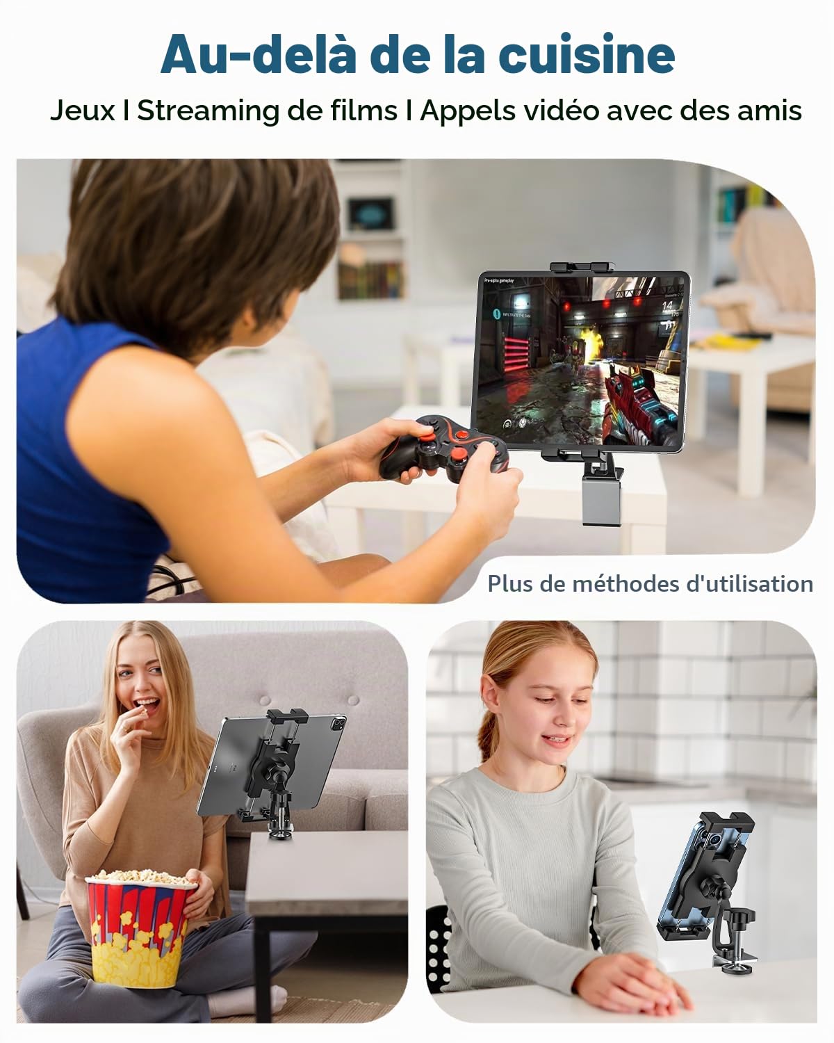 Oilcan Support Tablette Armoire de Cuisine, Porte Tablet Cuisine Salon | Fixation Tablette sous Armoire avec Pince Métallique Réglable pour iPad Mini Air Pro, iPhone, Galaxy, Switch (4-12,9")