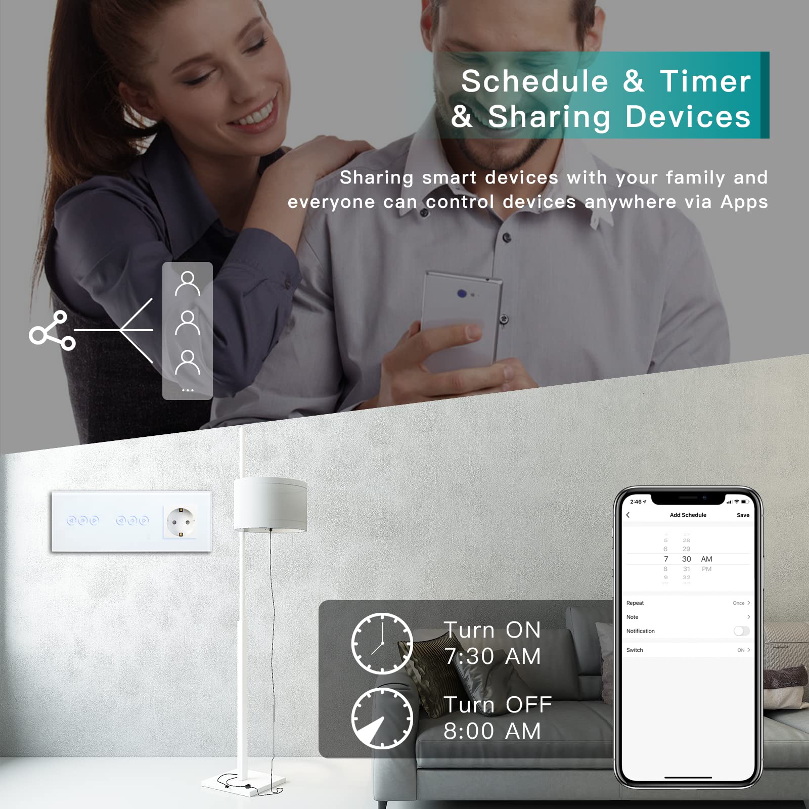 BSEED 16Amp Normal Steckdose mit Doppelt Smart Alexa Dimmer Lichtschalter Glas Wifi Touch Dimmerschalter (Neutrale Leitung benötigt)1 Fach 1 Weg, Kompatibel mit Tuya/Google Home/SAMRT LIFE Weiß