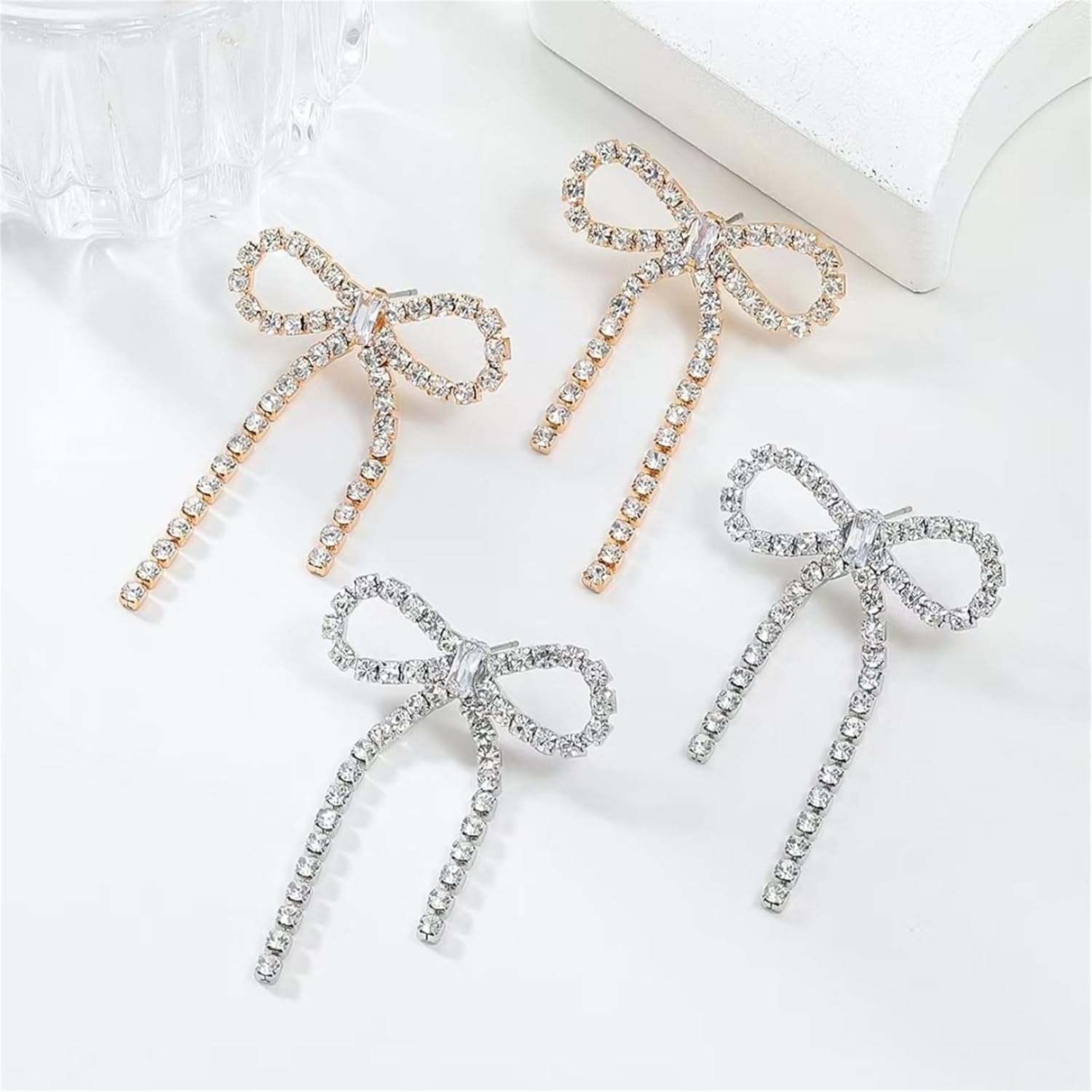 Rhinestone Bow Necklace Earrings Sets for Women Dainty Trendy Rhinestone Bowknot Pendant Necklace Gold Silver Bow Tassel Dangle Earrings Christmas Holiday Party Costume Jewelry - Image 9