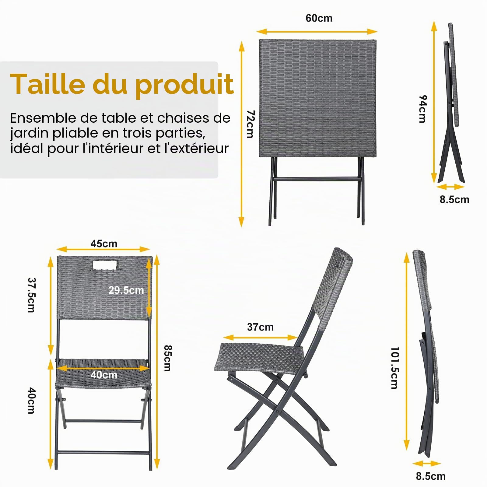 Ensemble de Meubles de Balcon 3 pièces Pliable en Rotin Gris, 2 Chaises et 1 Table, pour Terrasse et Jardin