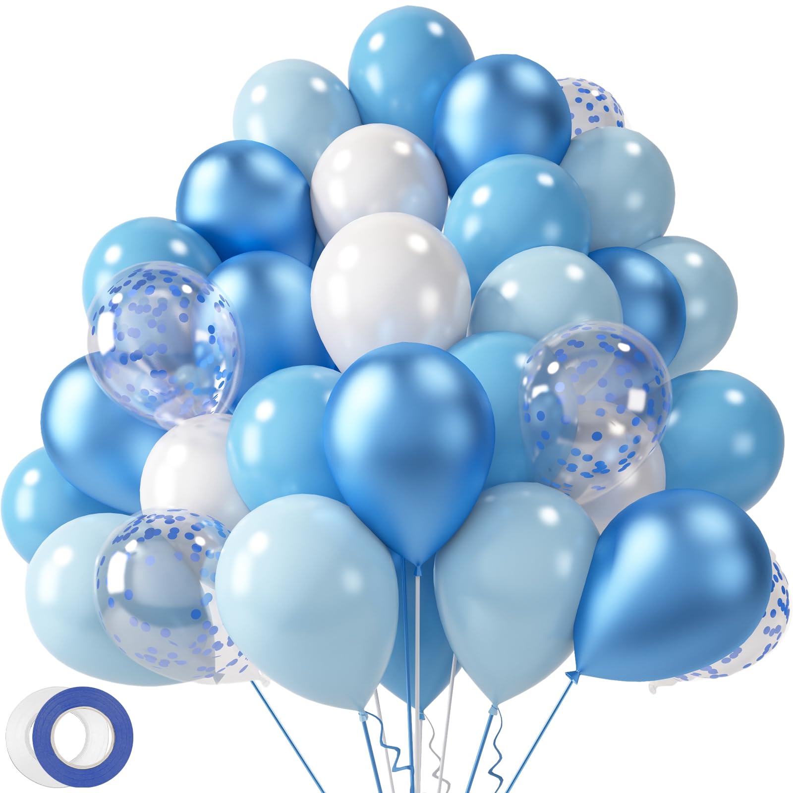 LovesTown 60PCS Blue Balloons, 12 Inches White Pastel Colored Confetti Latex Balloons Garland Arch with Ribbon for Boy Graduation Wedding Engagement Baby Shower Birthday Party Decorations