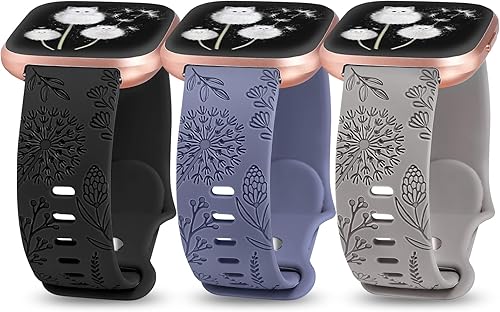 Minyee Paquete de 3 correas grabadas florales compatibles con Fitbit Versa 2 BandVersa LiteVersa Band para mujer, lindo diseño de flores de diente