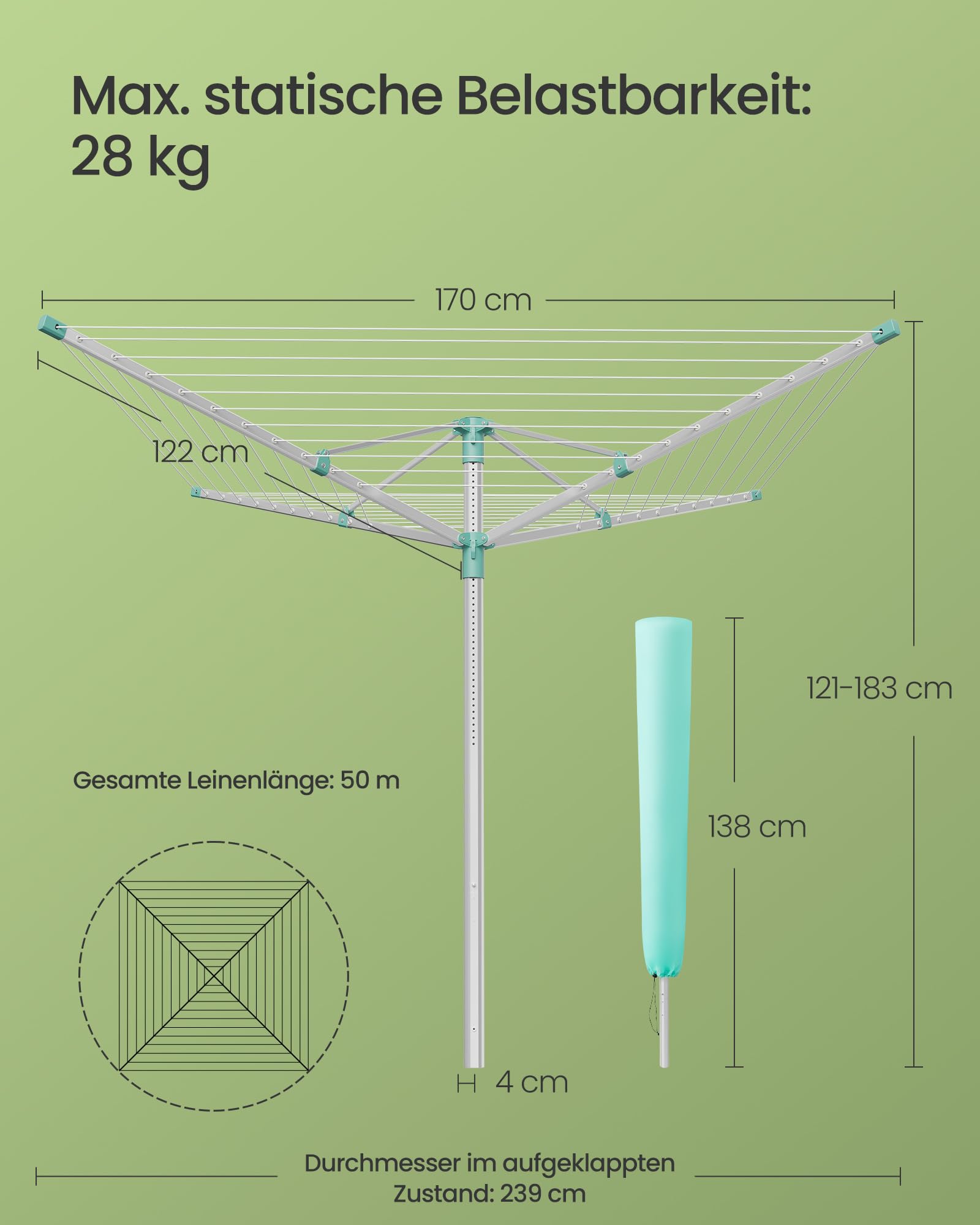 SONGMICS Wäschespinne Wäscheständer höhenverstellbar Aluminiumlegierung Bodenanker Schutzhülle 50 m Wäscheleine 5 Waschladungen LLR301E01V1