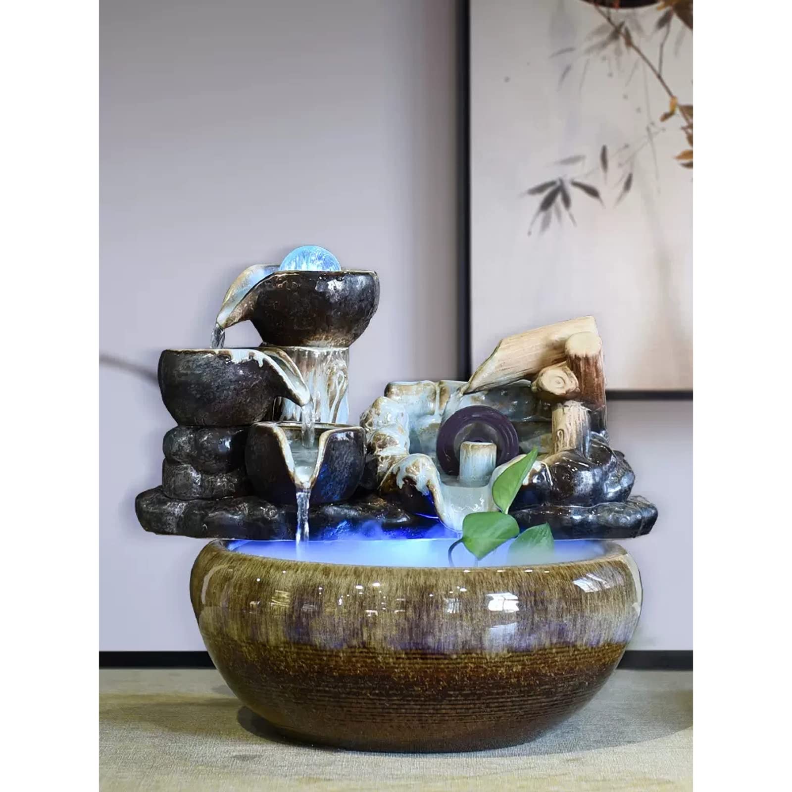 Fuente Decorativa de jardín, Fuente de Agua con Cascada, de cerámica, con Bomba de Agua, Feng Shui Zen, decoración para salón, Dormitorio, Oficina, 32 x 27 x 28 cm