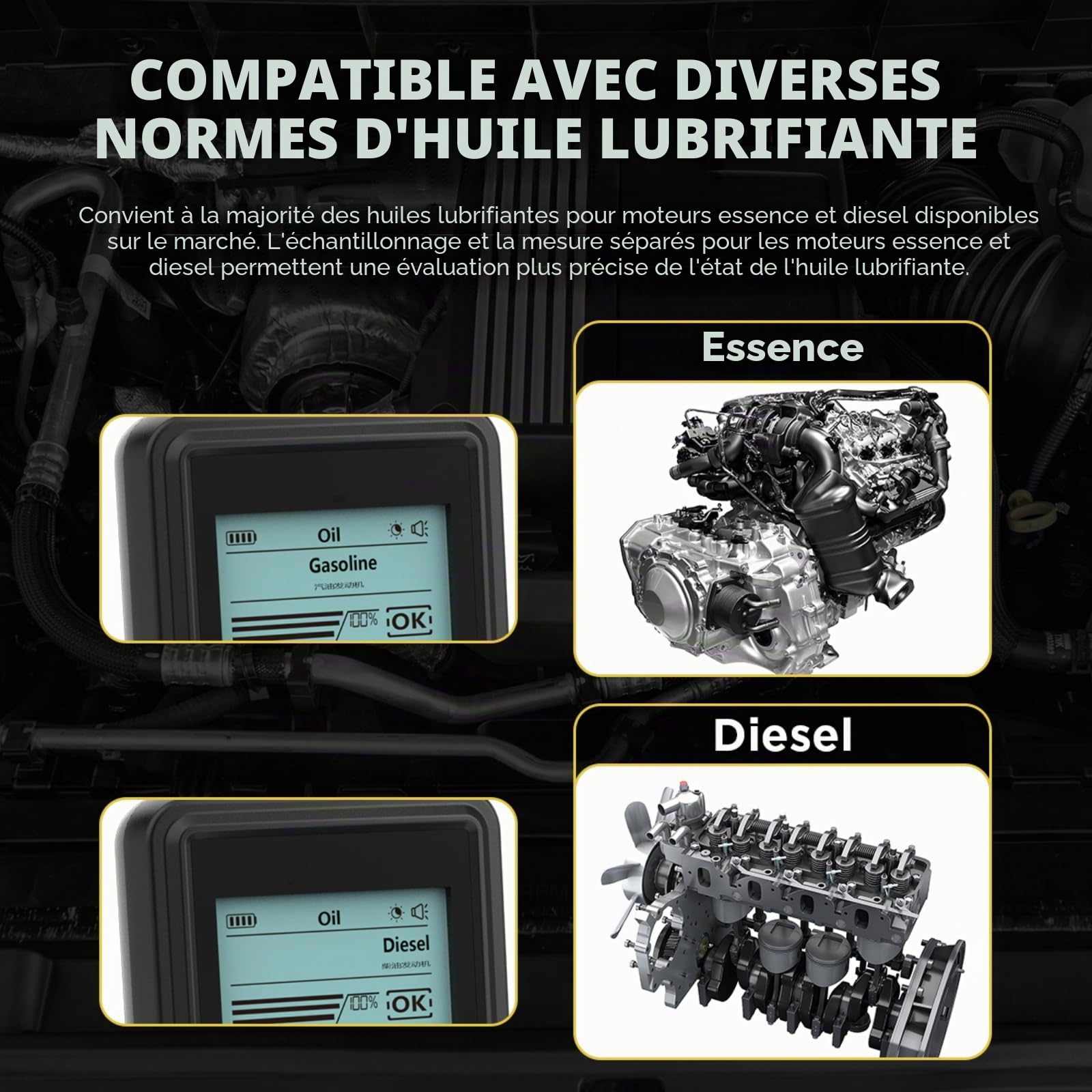 Testeur de qualité d'huile Moteur AS503 Testeur d'huile Moteur pour véhicules Essence Diesel avec sonde de détection de Haute précision, Affichage de la température de l'huile de Transmission