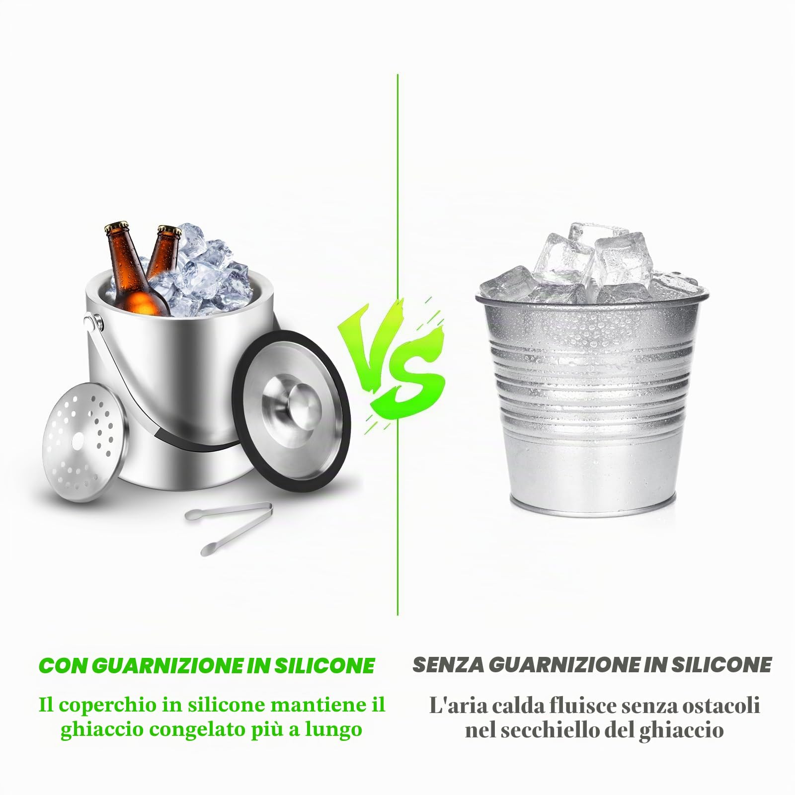 Sprifityy 2,2L Secchiello per Ghiaccio a Doppia Parete in Acciaio Inox,con Coperchio in Silicone, pinze e Filtro,Secchiello Ghiaccio Acciaio Inox,Ideale per Famiglie e Bar