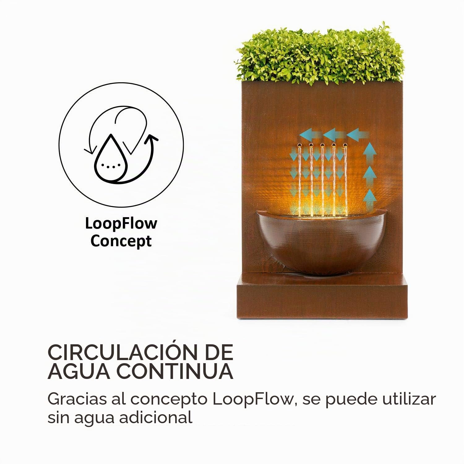 Blumfeldt Windflower Fuente para jardín - 11 W de Potencia, Incluye Cuenco para Plantas, para Dentro y Fuera, Caudal: 750 l/h, Iluminación LED, Metal galvanizado, Marrón