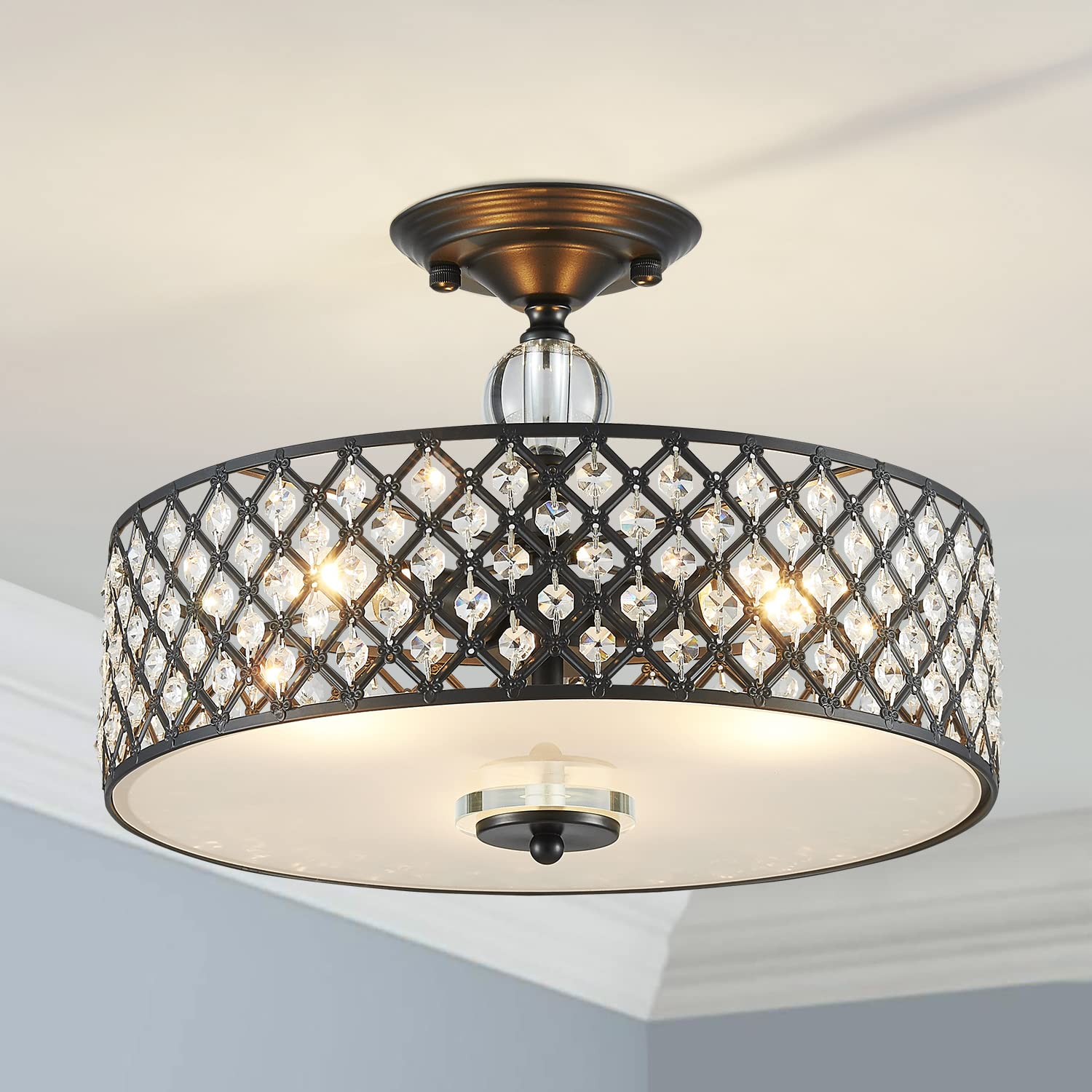 Saint Mossi 22023 3-Lights Modern Flush Mount Ceiling Light Fixture, K9 Crystal Ceiling Light, Perfect for Dining Room,Livingroom,Bedroom, H11 x D15.4, Matte Black Finish