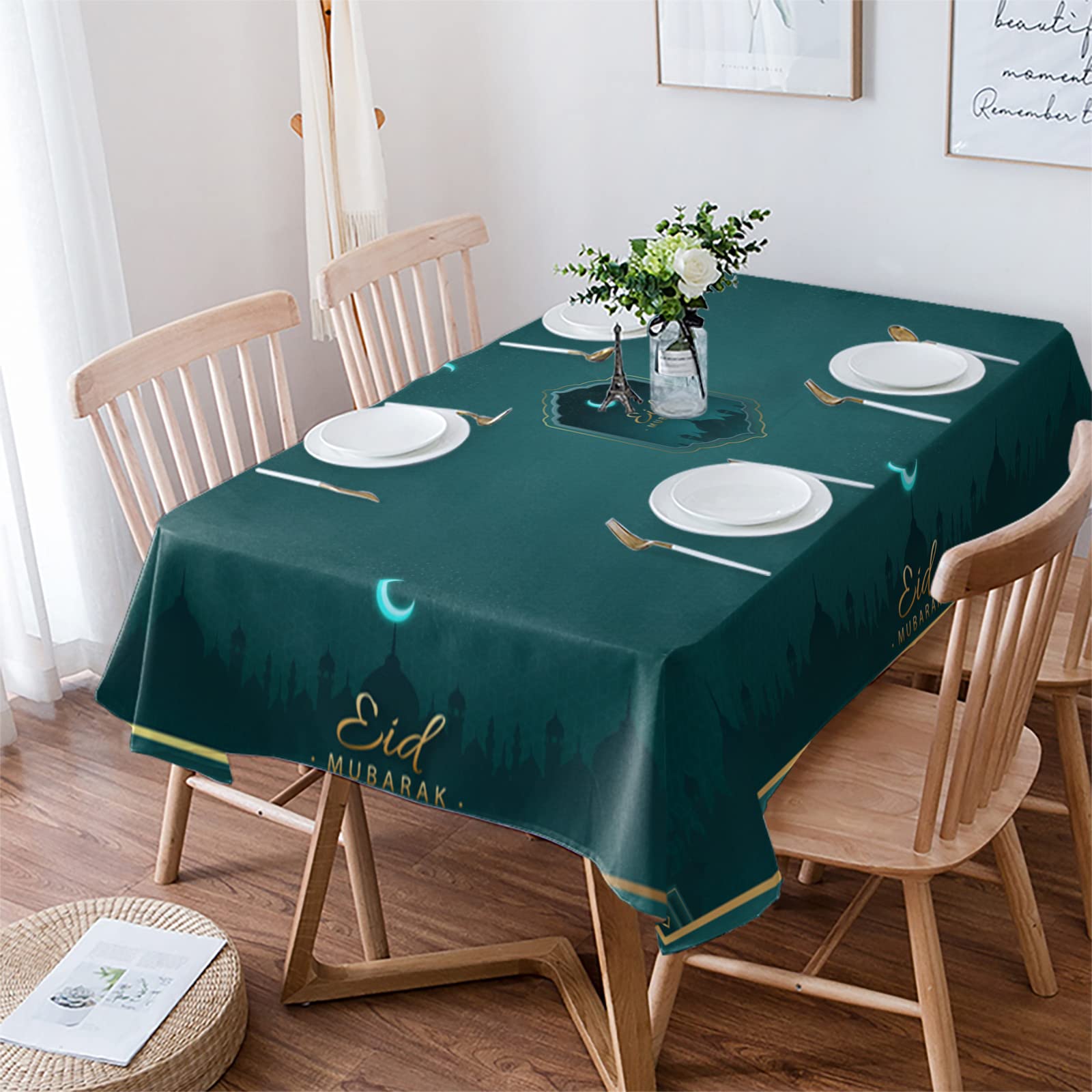 Ramadan Cotton Table Cover Dinning Home Decoration Eid Table Cloth for Home Kitchen (Green 133 * 178cm)