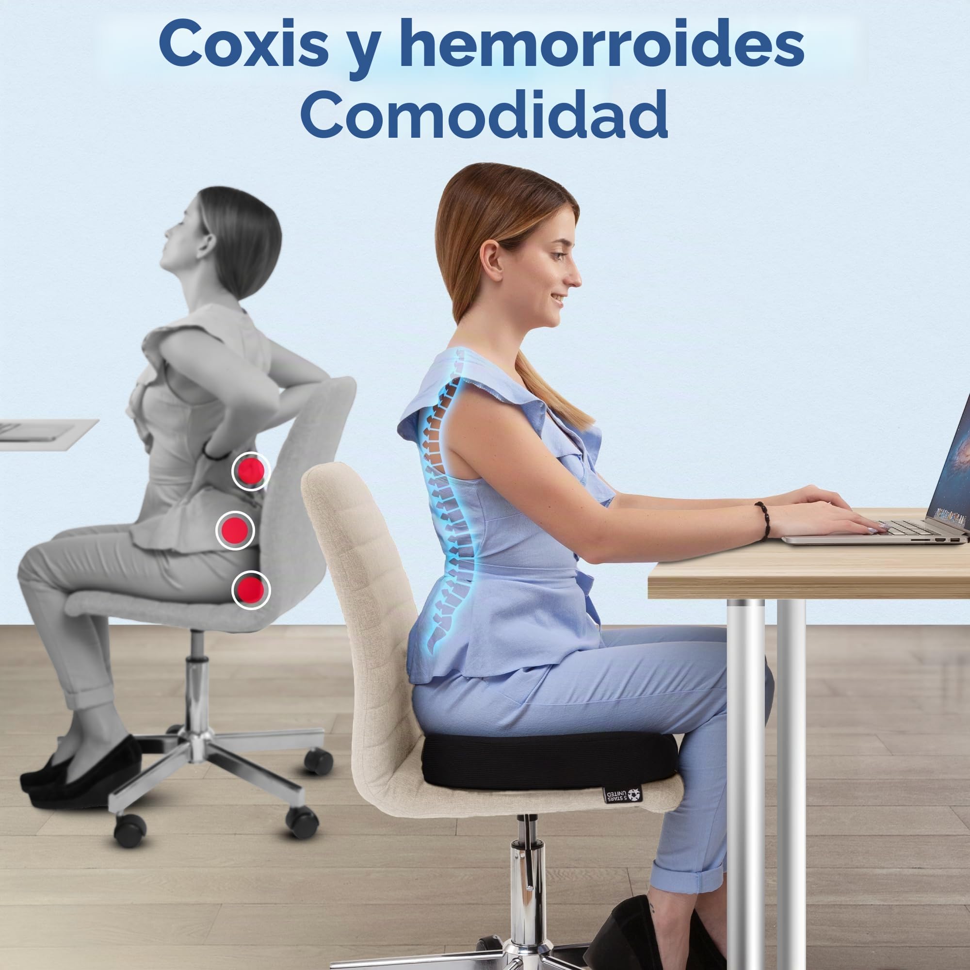 5 Star United Cojín Donut de Memory Foam, Alivio de Hemorroides y Dolor de Coxis, Forma Ergonómica en U, Antideslizante, Funda Lavable: Negro Grande
