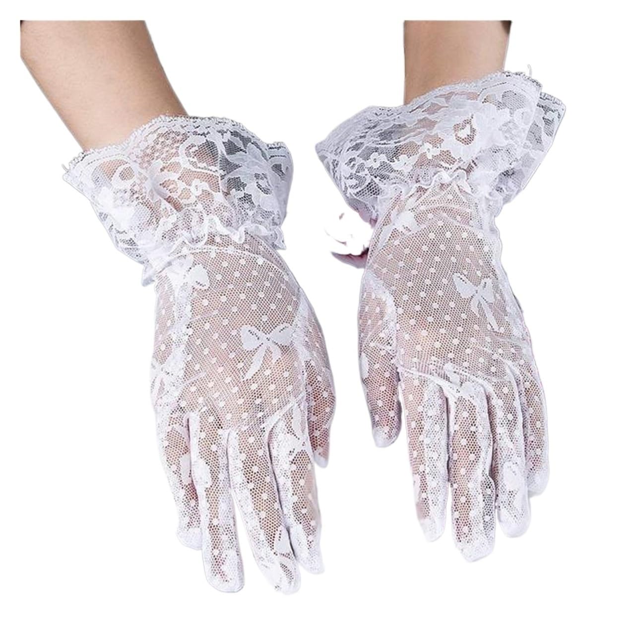 Guantes de encaje protector solar de verano estilo mitones cortos de rejilla blanca