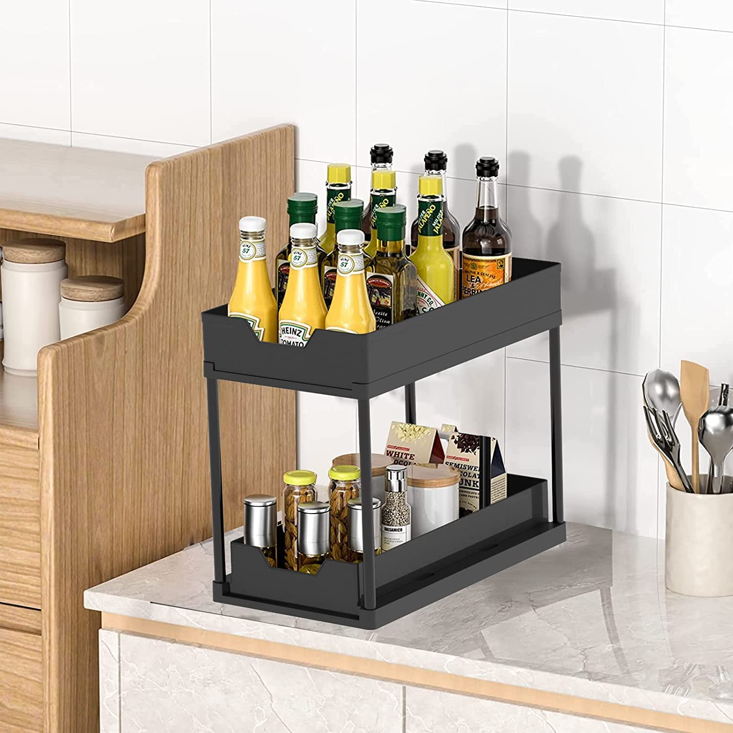 Zemic Metal Under Sink Organizer Pull Out Cabinet Organizer 2-Tier Slide Out Sliding Shelf Under Cabinet Storage Multi-Use For Under Kitchen Bathroom Sink Organizers And Storage ^ Black (Ablack)