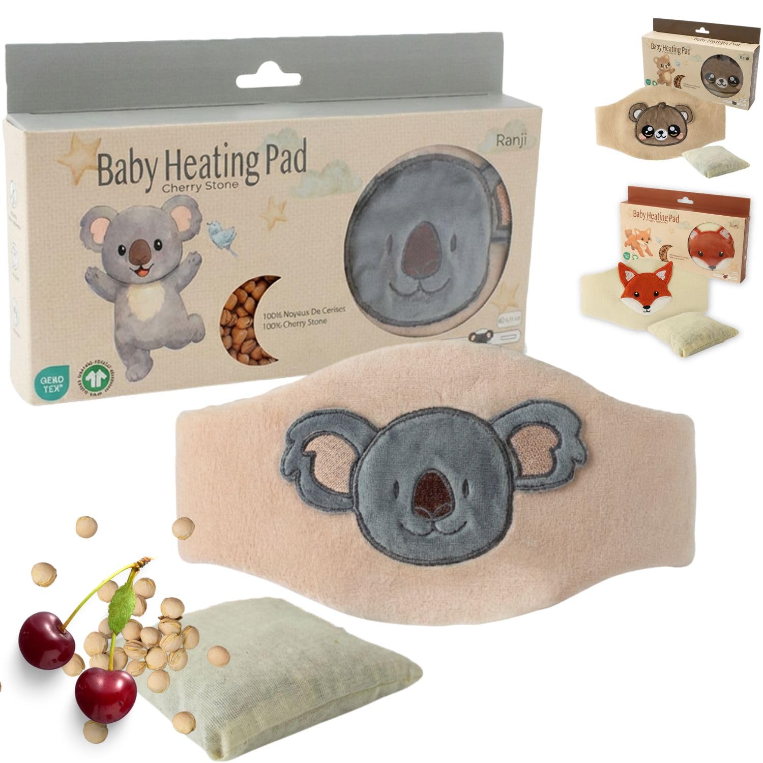 RANJI Baby Kirschkernkissen – Wärmegürtel gegen Koliken für Neugeborene, OEKO-TEX & Bio-Baumwolle GOTS, mikrowellengeeignet - Kleiner Koala