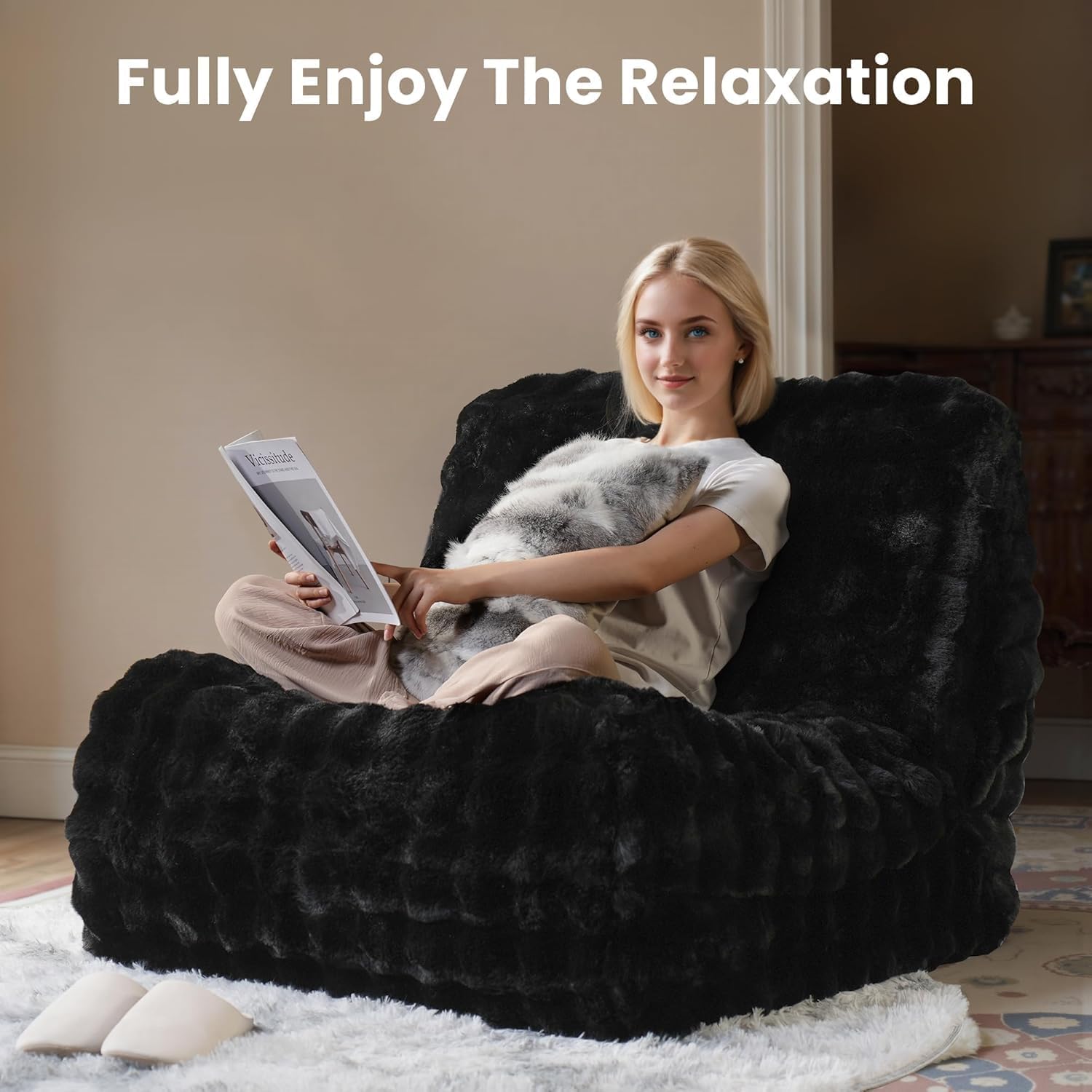 Bean Bag Chair for Adults, Oversized Bean Bag Chair with Plush Faux Fur, Lazy Floor Sofa, Comfy Reading Nook Chairs, Couch Single Sofa for Living Room Bedroom Office (Black)