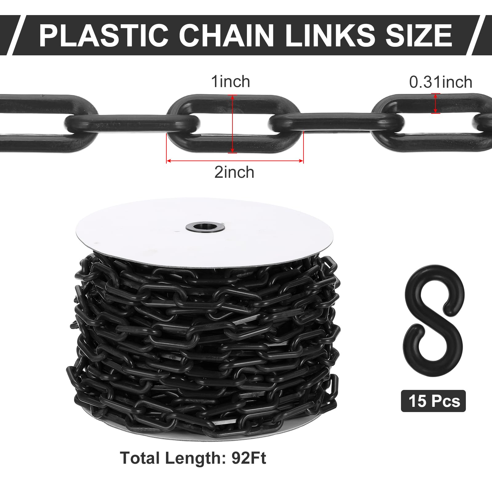 PATIKIL Chaîne plastique noire, 92 pieds 8mm Chaîne barrière sécurité plastique large Longue chaîne plastique pour le contrôle foule, le stationnement, décoration chantier construction