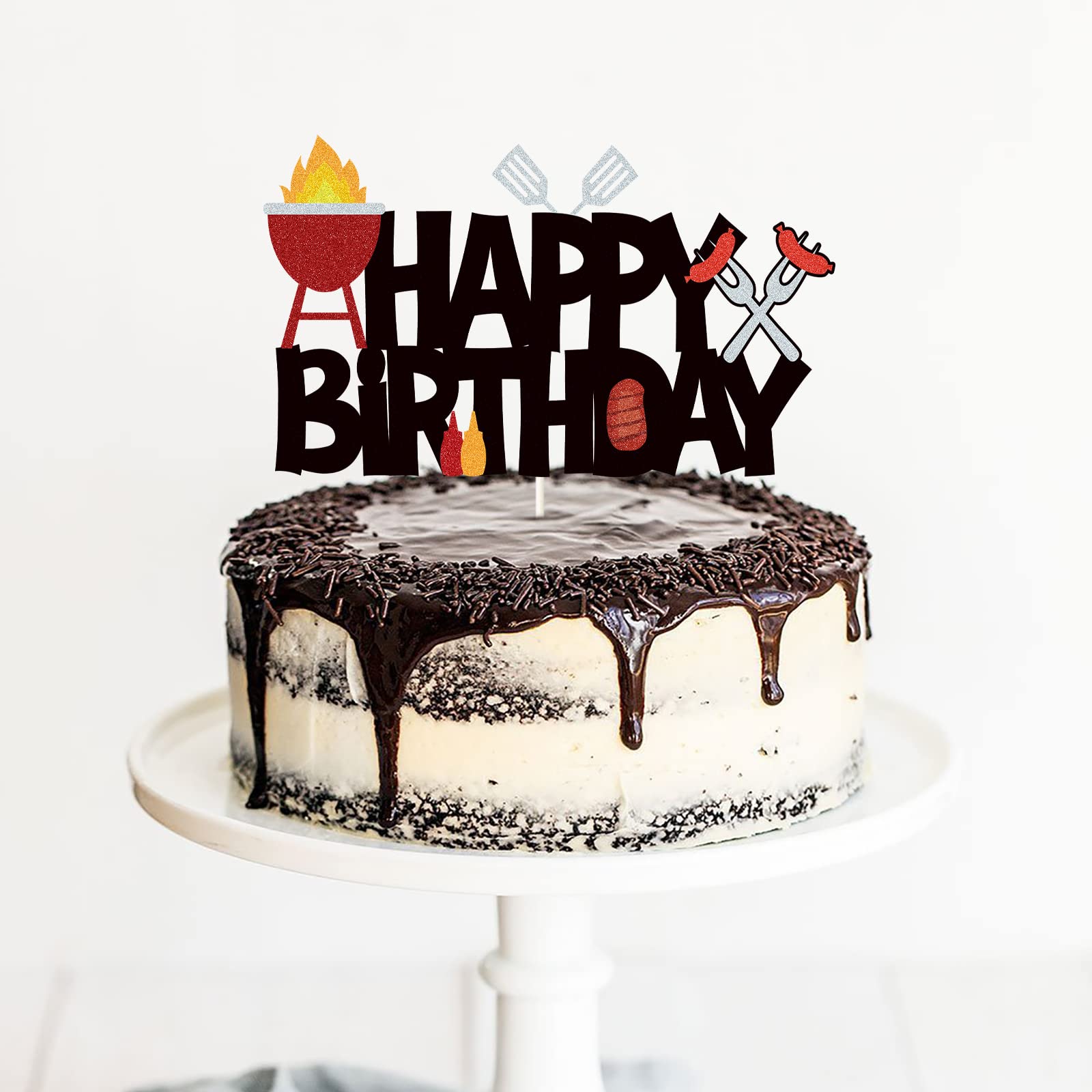 BBQ-Grill Kuchenaufsatz 'Happy Birthday' – Ca. 15,5x13 Cm, Mit Stiel, Schwarz Glitzernd Für Outdoor-Party