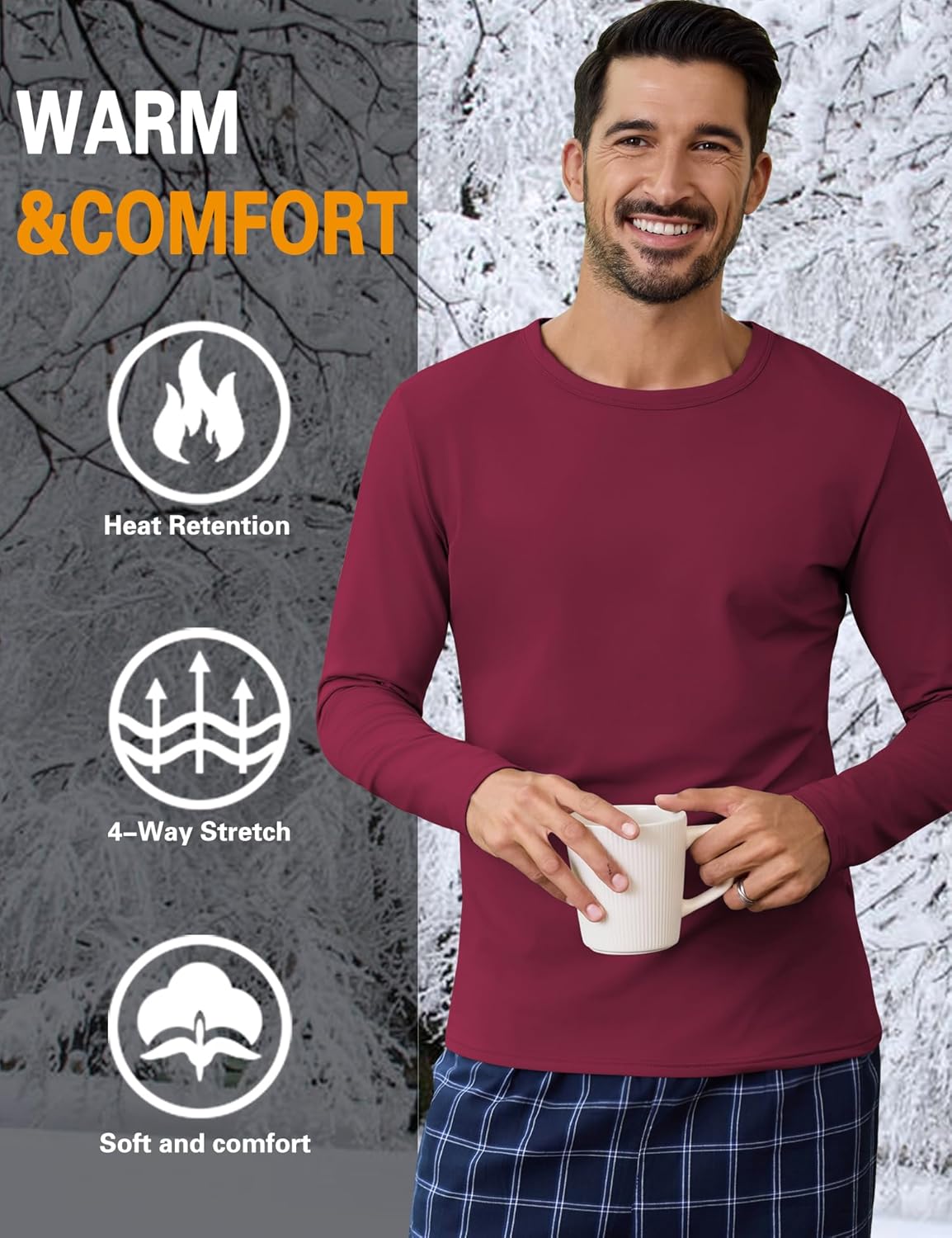 URRU Men's Thermal Long Sleeve Shirts Fleece Lined High Stretch Thermal Underwear Tops Base Layer for Men Cold Weather Gear - Image 5