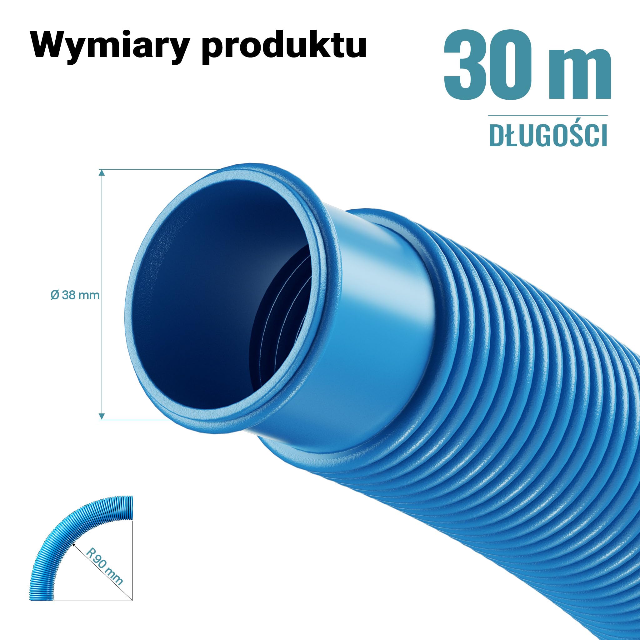 Wiltec Wąż do basenu o długości 30 m, Ø 38 mm niebieski wąż ssący do pompy basenowej z mufami, wąż solarny - Made in EU