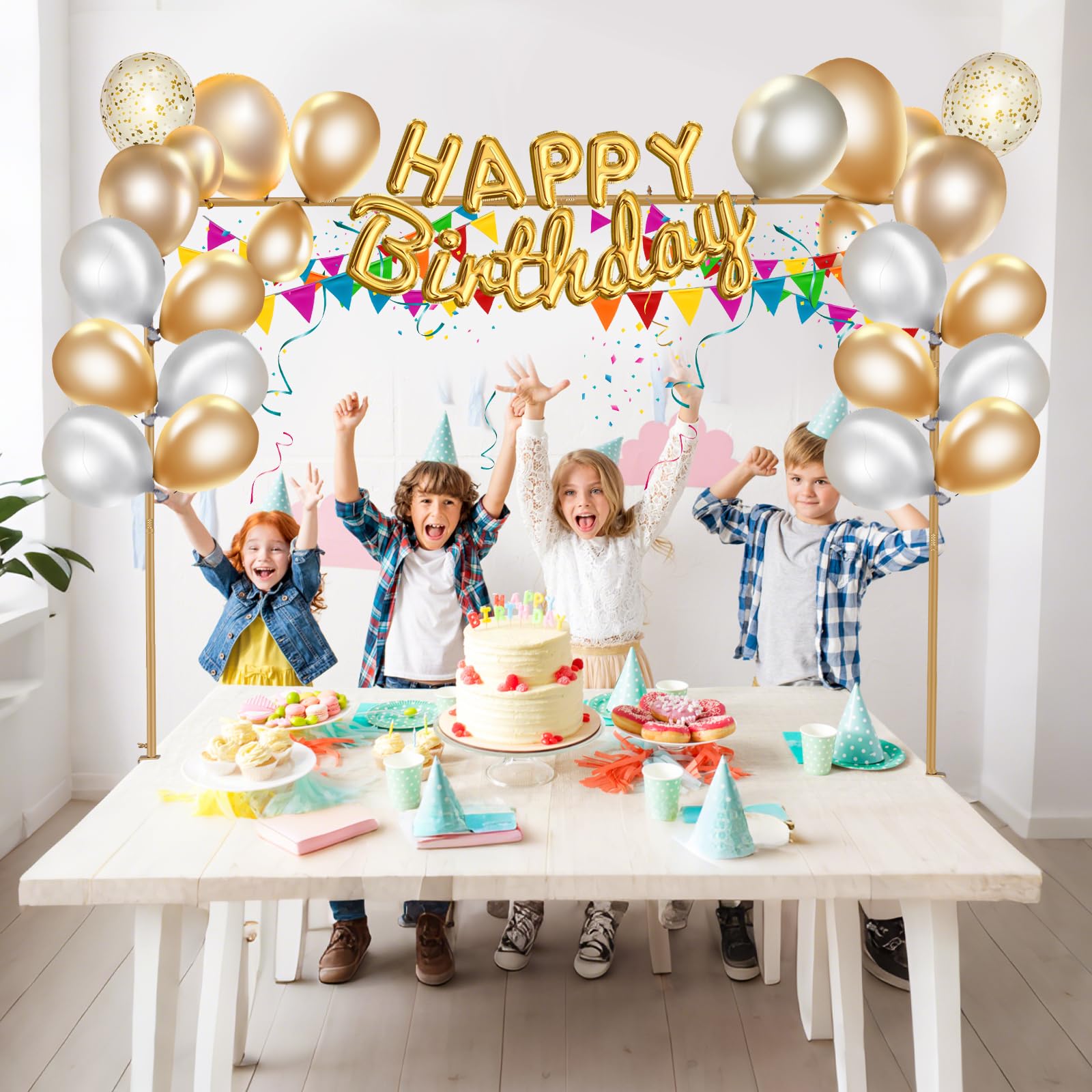 Arco da Tavolo Estensibile, Asta Decorativa da Tavolo con Clip, 120-260 cm, Asta Metallica per Appendere al Tavolo per Natale, Matrimonio, Compleanno, Decorazione per Feste Oro