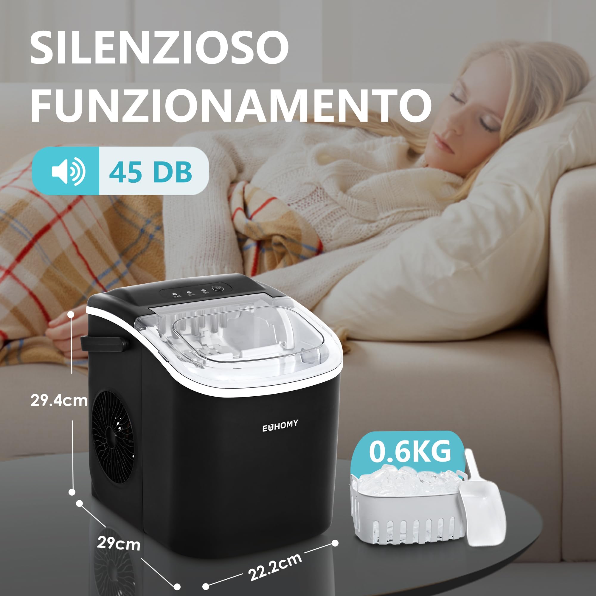 Macchina Ghiaccio 12kg/24h, EUHOMY Macchina del Ghiaccio Casa, 9 Cubetti in 6 Minuti, Autopulente, con Maniglia, Paletta, Cestello, Nero, 45dB