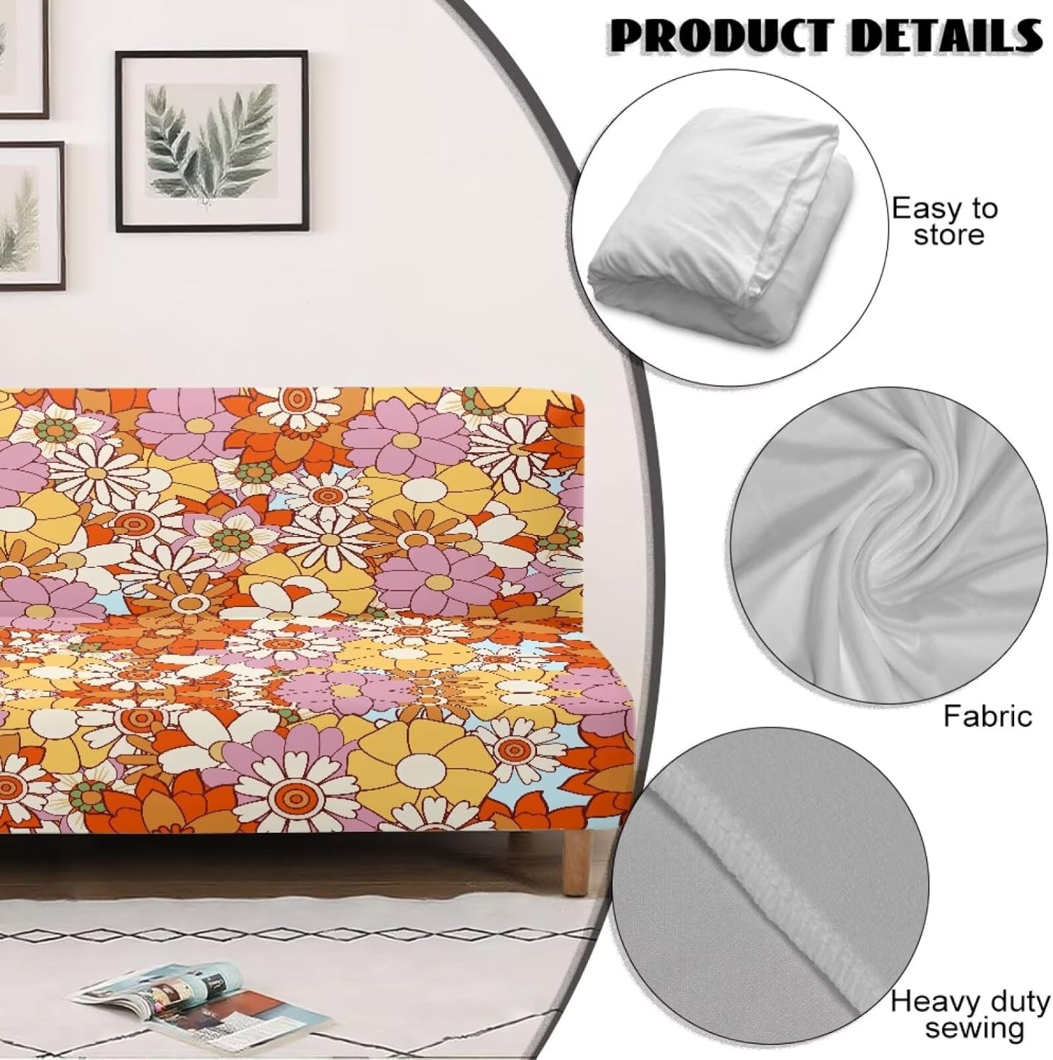 Stretch Armless Futon Slipcover Washable Full Size Folding Sofa Bed Slipcover Non-Armrest Furniture Protector Suitable for Futon Sofa Size 68-85 Inches, Groovy Hippie Flower Daisy Orange