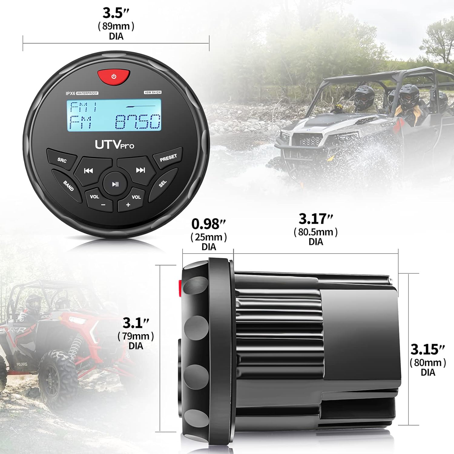 Marine Audio System Stereo Speaker Package, Bluetooth, MP3 USB AM FM Marine Stereo - 2 x 6.5 Inch Black Speakers, Antenna - Image 2