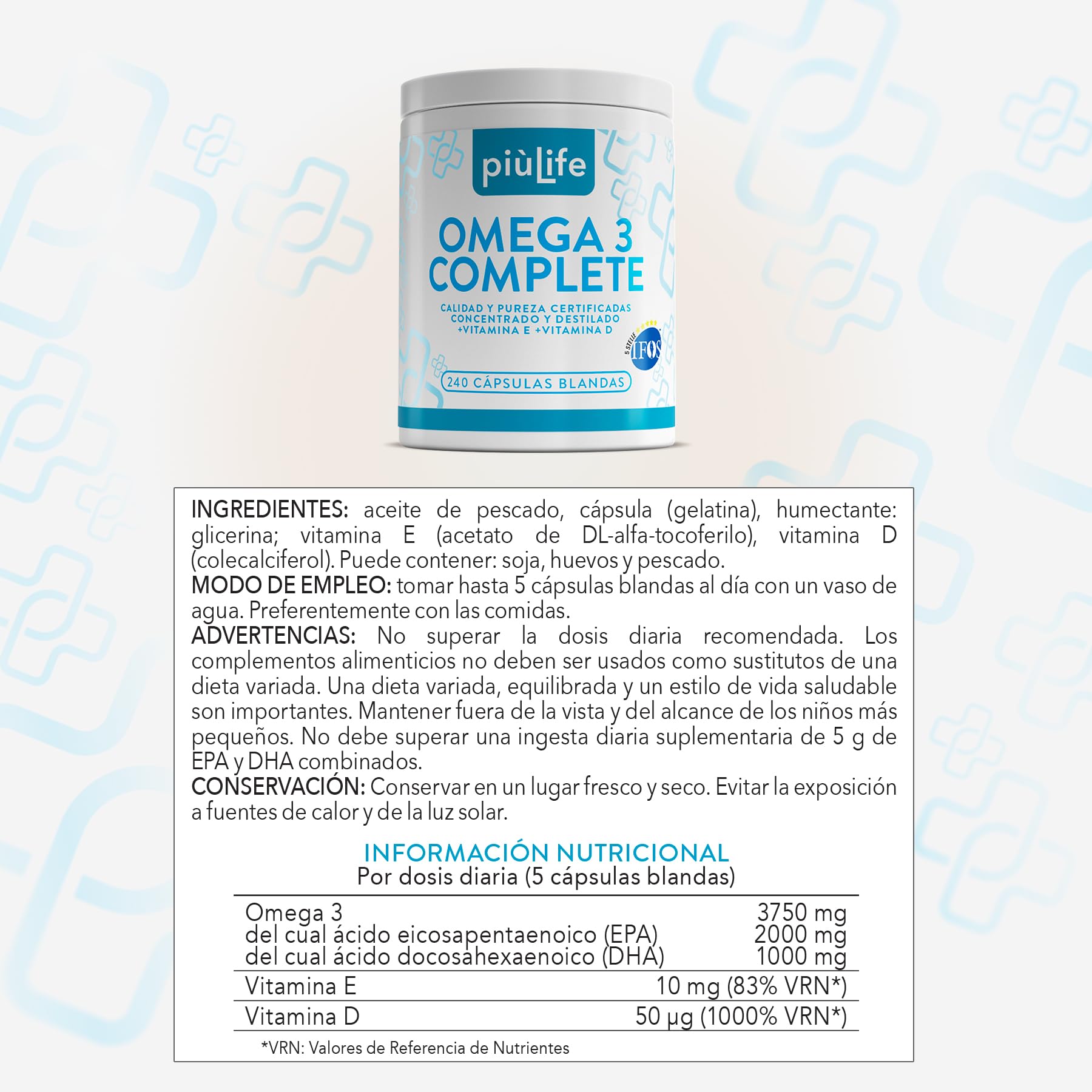 Omega 3 IFOS Certificado Con Vitamina D3 2000 UI PiùLife, 240 Omega 3 Capsulas Blandas, Aceite De Pescado 2000mg Epa Y 1000mg Dha Por Dosis, Fish Oil Triglicéridos, Corazón, Vista, Huesos Y Cerebro