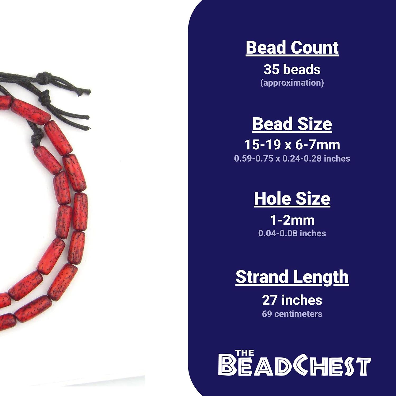 The Bead Chest Coral Red Cylindrical Natural Seed Beads 7mm Cylinder Wood 27 Inch Strand
