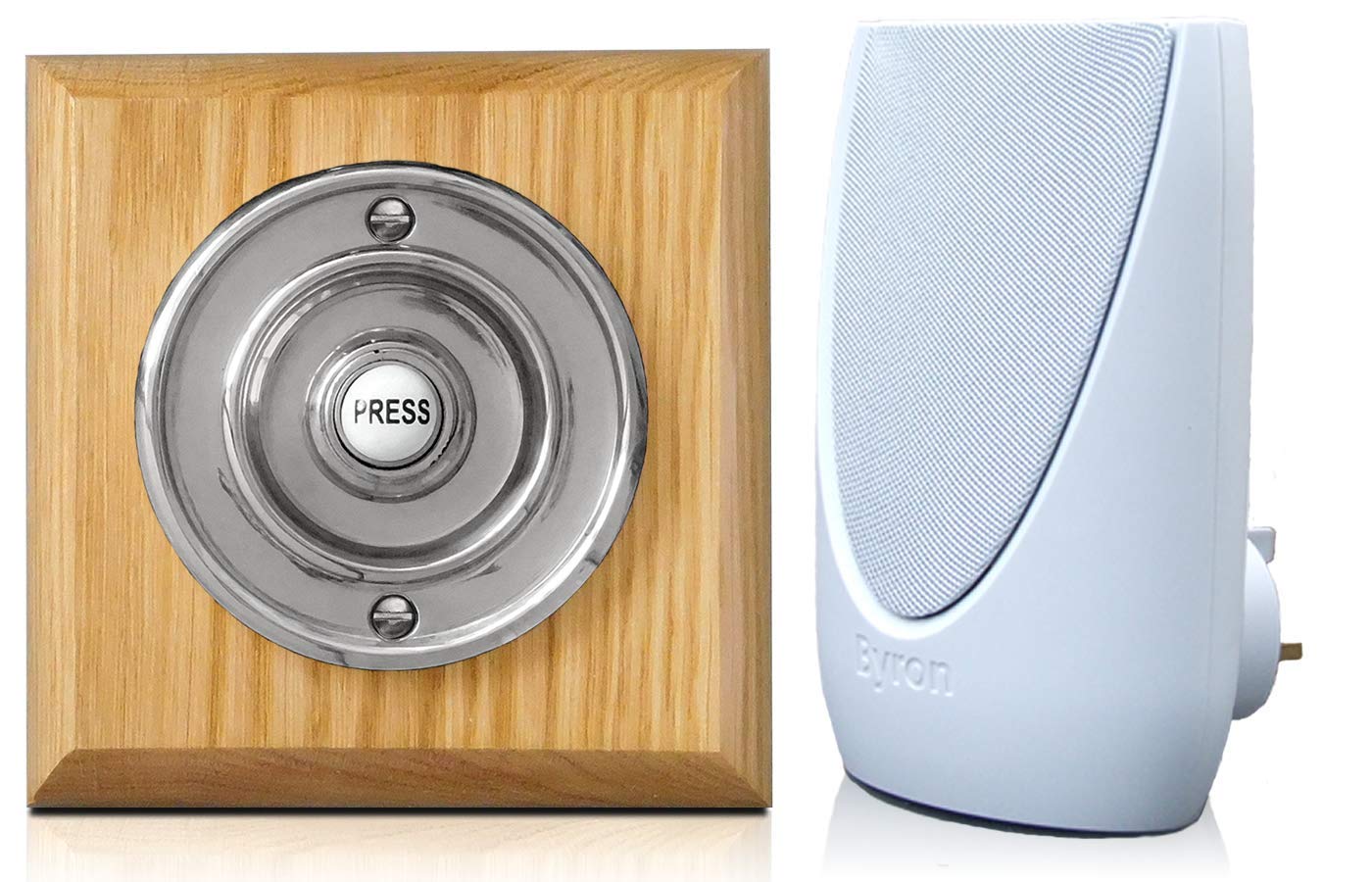 Byron 100m Wireless Period Plug-in Doorbell kit Push on Plinth (Honey Chrome)