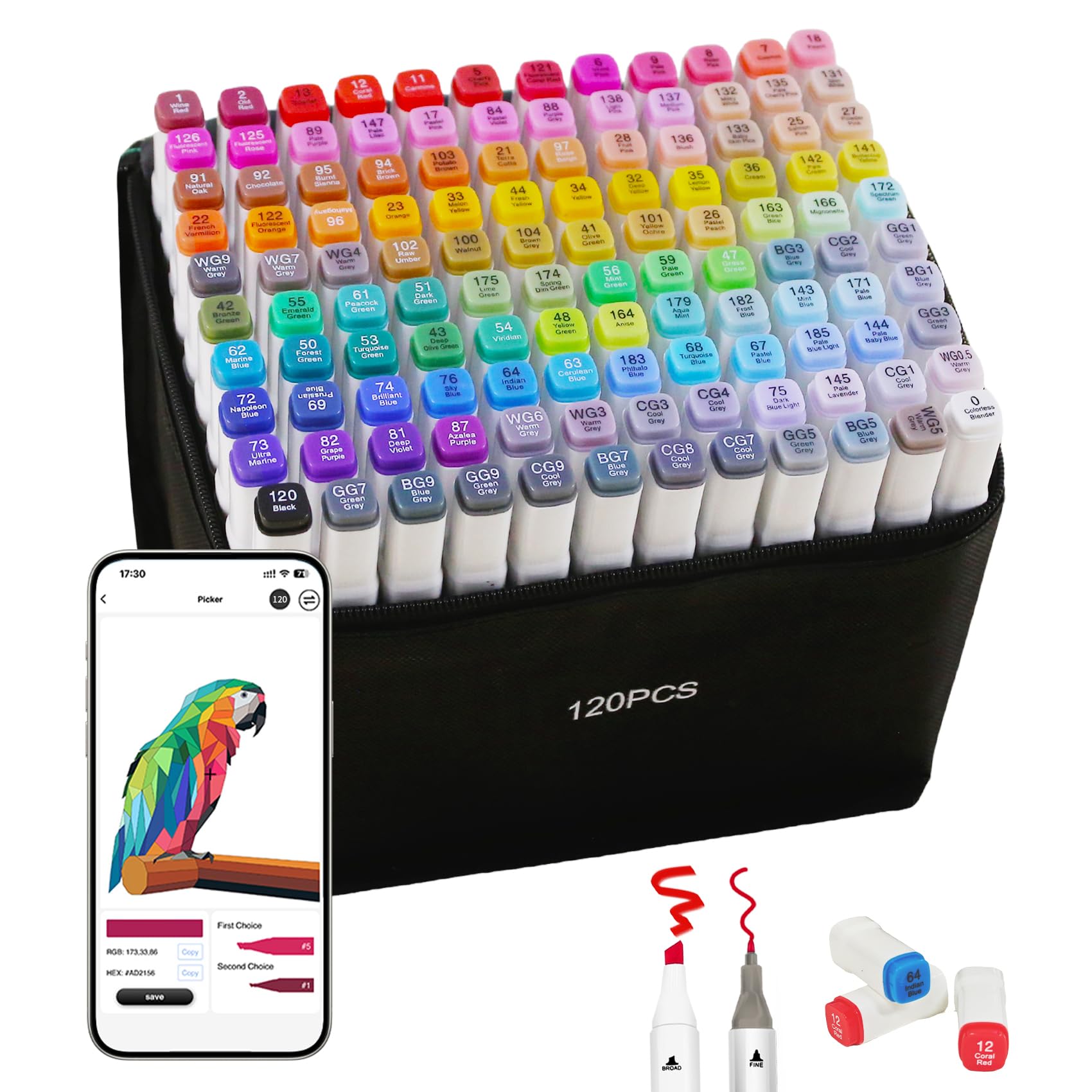 Alkohol-Marker-Set, 120 Kunstmarker mit exklusiver App, doppelseitige Markerstifte für Kinder und Erwachsene, Buchmalen, Skizzieren, Gestalten, Illustration, tolle Geschenkidee
