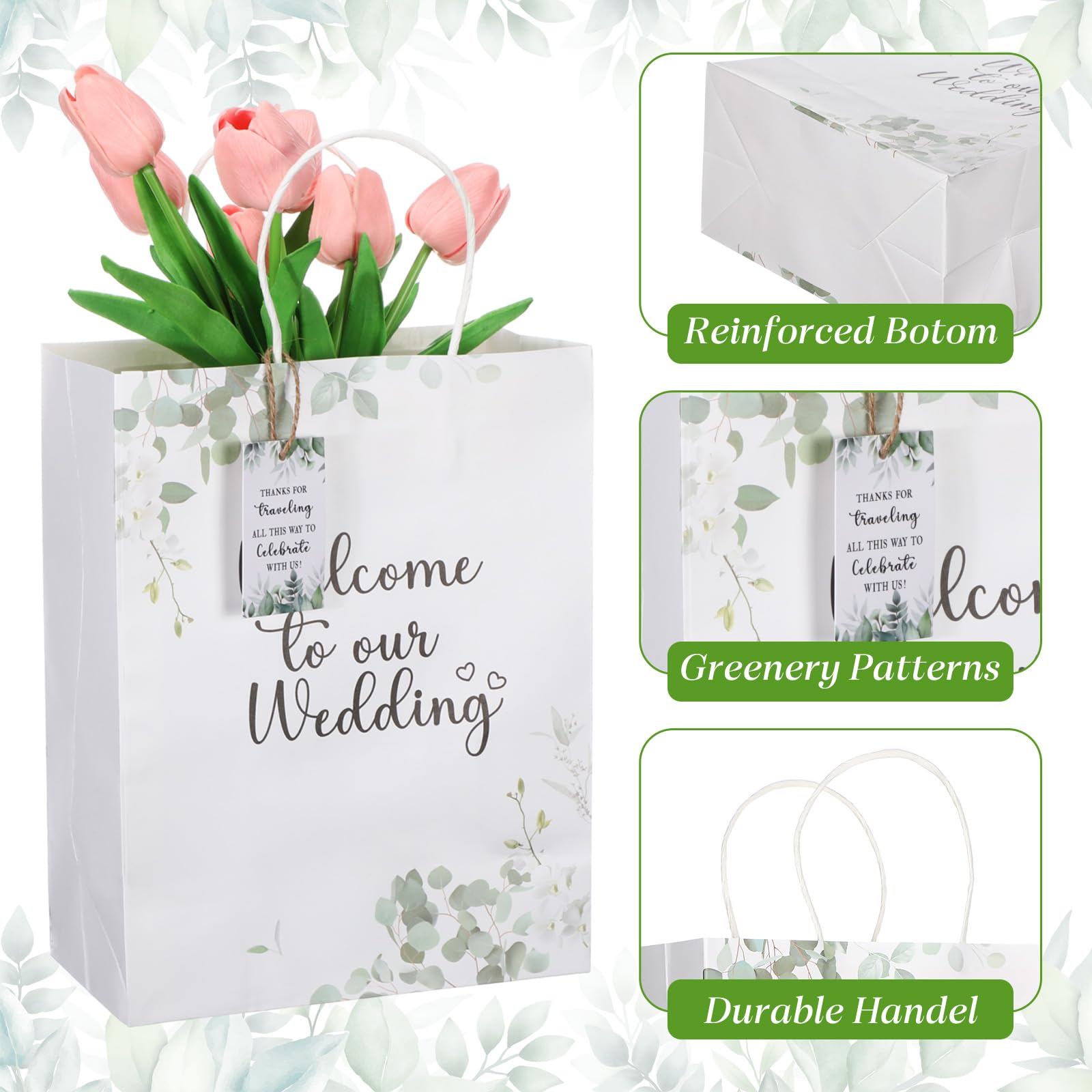 Watersay 50 bolsas de bienvenida de boda con etiquetas de regalo de 8.3 x 4.3 x 10.6 pulgadas, bolsas de papel con asas, bolsas de regalo de fiesta de boda para invitados