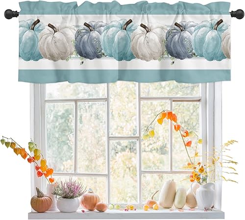 Miniatura 8 de Cenefa de otoño para ventanas, cortinas de calabaza azul, cenefas de cosecha de Acción de Gracias, cenefa con bolsillo para barra, cortinas cortas