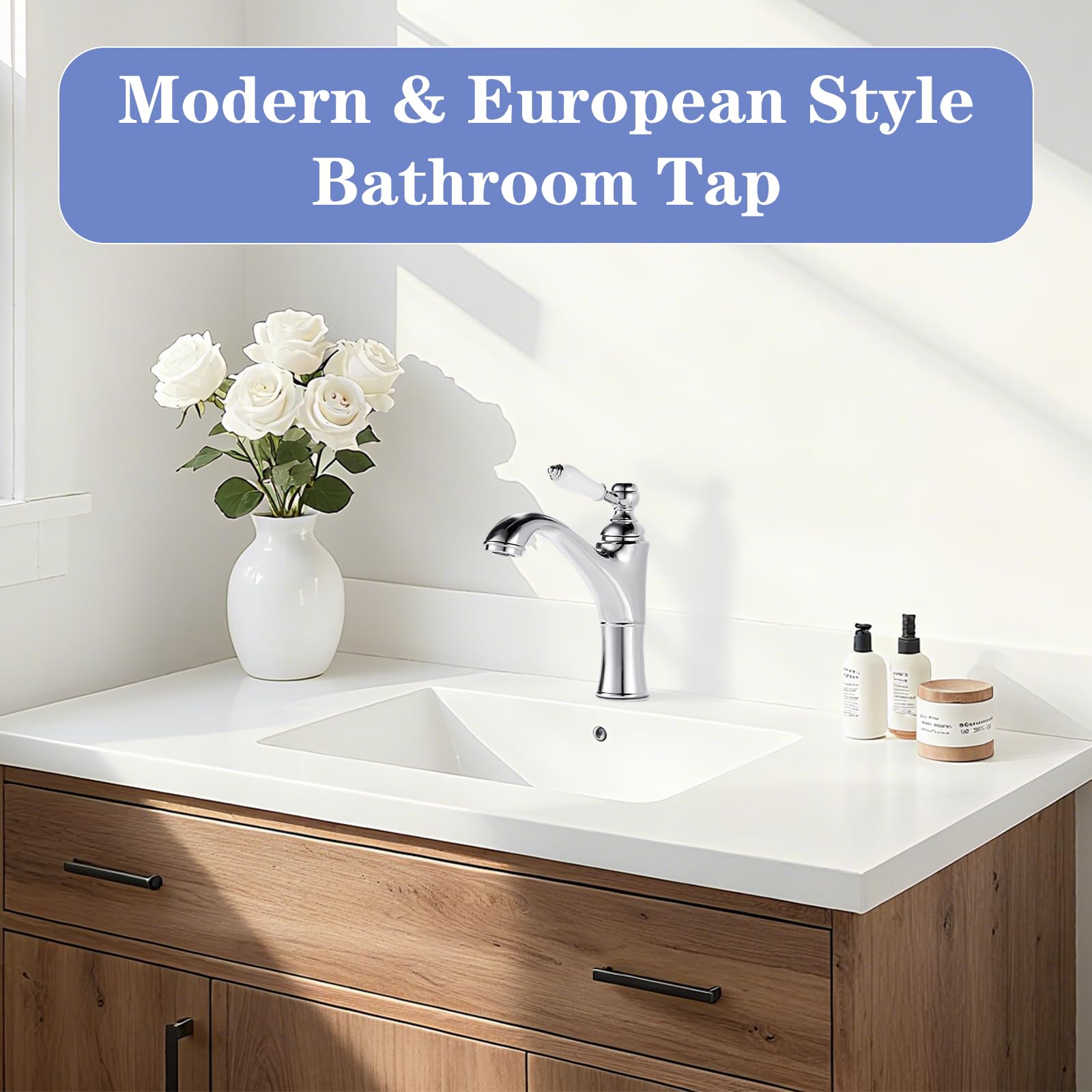 Rubinetto Bagno Lavabo Cromato Monocomando Miscelatore Lavabo Bagno con Manopola in Ceramica, Aeratore Removibile, Ottone G3/8
