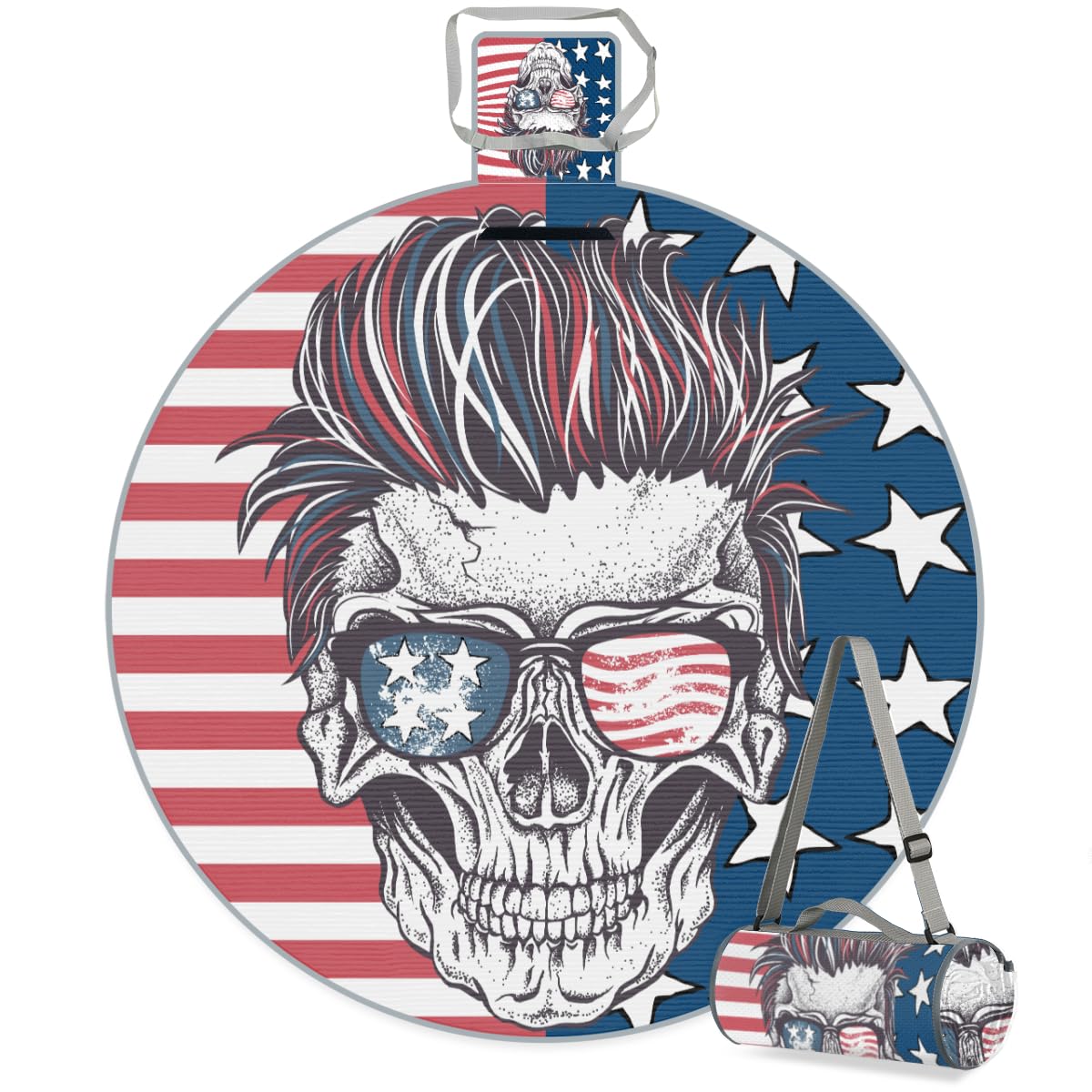 Shimoshe Fashion Skull American Flag Picnic Outdoor Blanket Foldable Waterproof Sandproof Beach Blanket Portable Water-Resistant Round Picnic Mat for Travel Camping Park Lawn