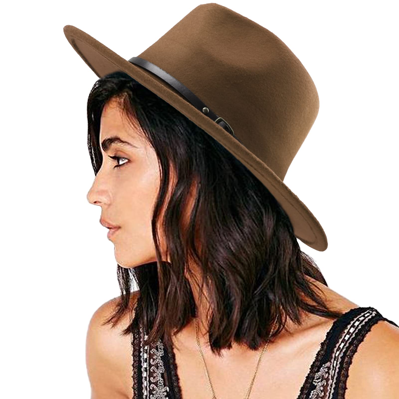 DRESHOW Womens Classic Wide Brim Floppy Panama Hat Belt Buckle Wool Fedora Hat Camel