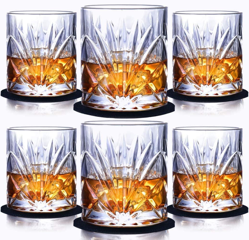 Domingo Hub® Whiskey Glass Heavy Base Old Fashioned 300 ML, Set of 6 Diamond Glass with Bottom Rocks Scotch and Rum Bar Glass for Drinking Bourbon, Whisky, Scotch, Cocktails Tumblers Glass