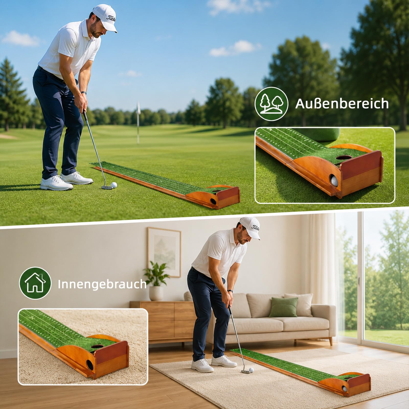 Golf Puttingmatte aus Holz, Minigolf Set für zu Hause, Indoor Putting Green mit Ballrückführung & Anti-Rutsch, 255x25cm Golf Trainingsmatte für Zuhause & Büro