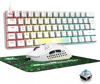 60%Wired Mechanical Keyboards and Mouse Combo RGB Backlit Gaming Keyboard+6400 DPI Honeycomb Mouses+Large Mouse Pad,Ergonomic,62-Key Anti-Ghosting,Compatible with Xbox,PS4,PC,Laptop(White/Blue switch)