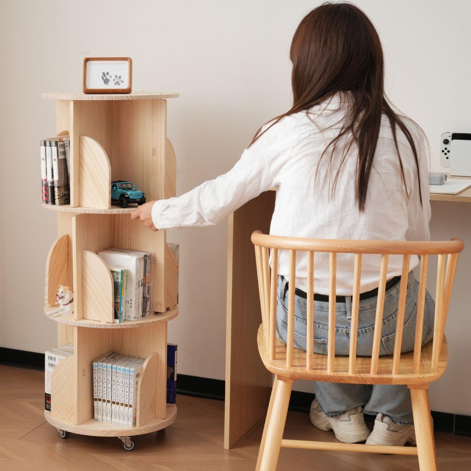 【4段-回転盤タイプ】無垢材 回転式本棚 絵本棚 360°回転棚 40*40cm 4段-回転盤タイプ】無垢材 回転式本棚 絵本棚 360°回転棚 40*40cmの