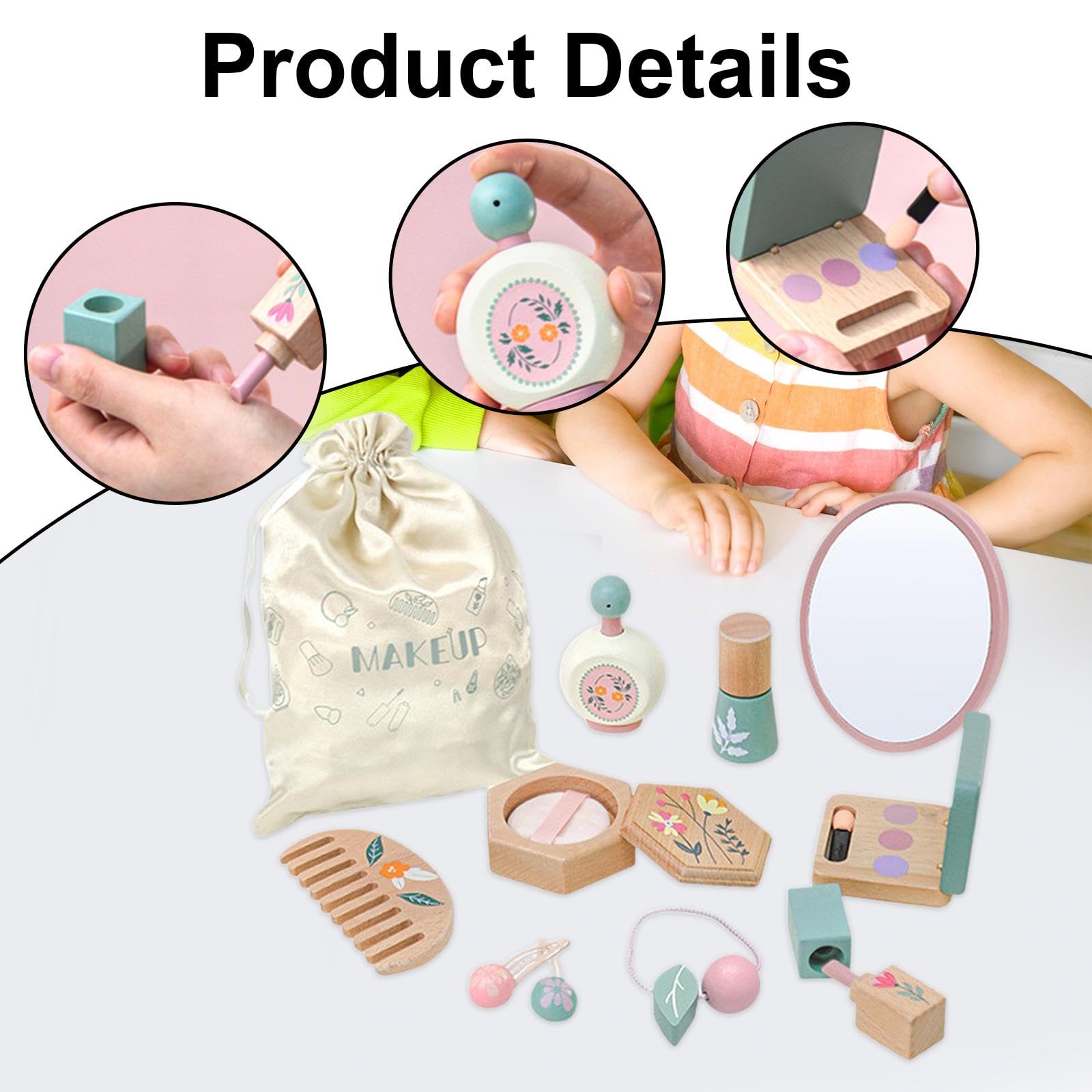 Qianly Set de Maquillaje Infantil Juguetes de Maquillaje Pretend Juguete de Maquillaje para Niñas Kit de Maquillaje de Madera con Bolso Juego de Belleza