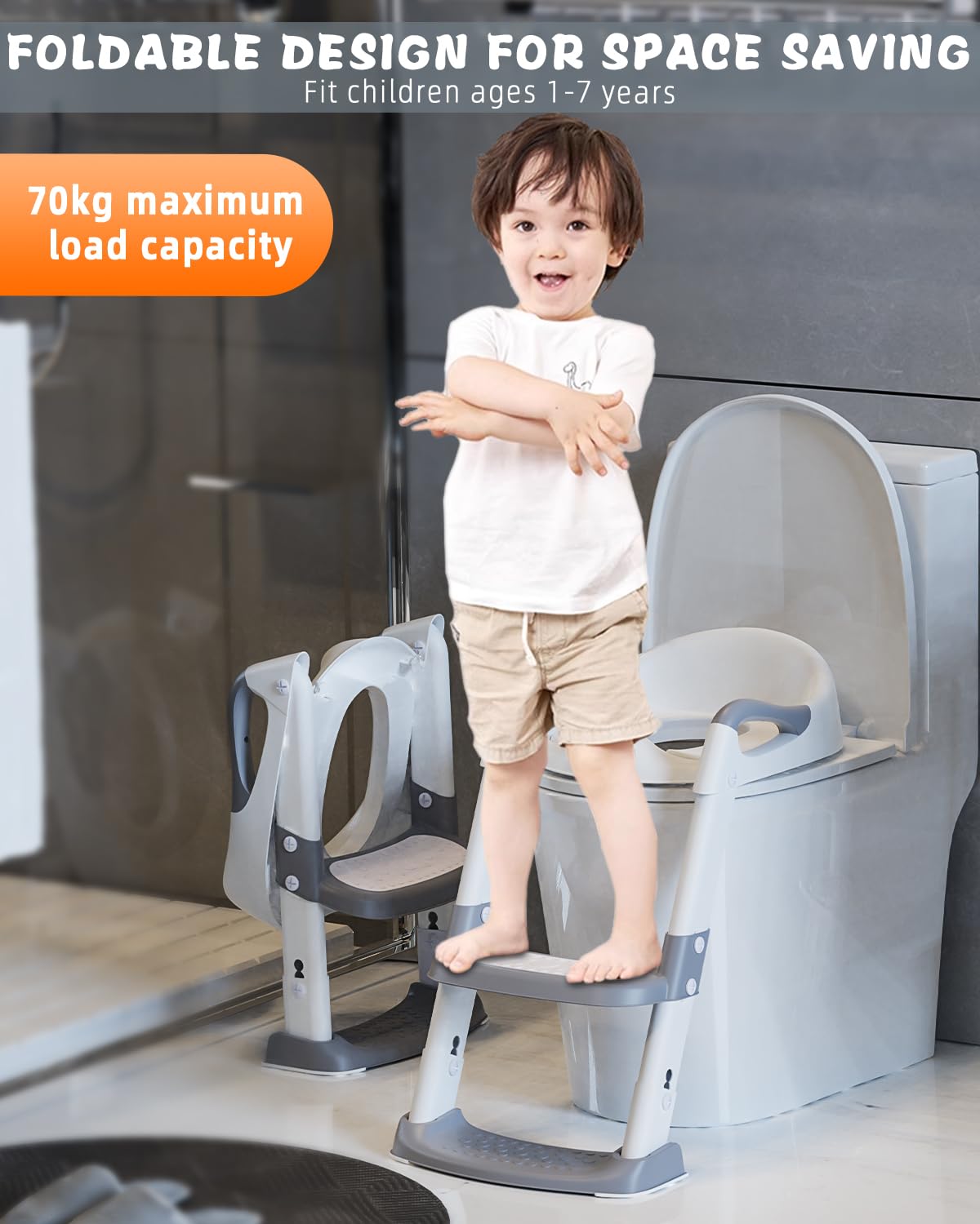 Xespis Kinder Toilettensitz mit Treppe, Toilettentrainer, für Jungen und Mädchen, WC Sitz Kinder mit Gepolsterter, Höhenverstellbar und Faltbar, Rutschfest, Toilettenaufsatz für Kinder(Weiß/Grau)