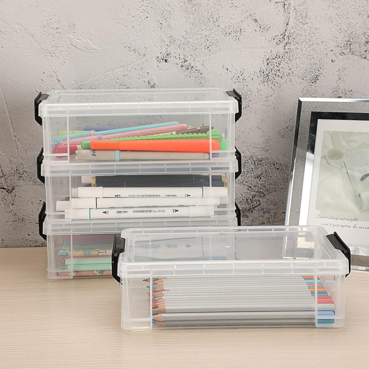 BTSKY 4 Pack Extra Large Plastic Pencil Box Stackable Translucent Clear Pencil Caase Crayon Box Set, Marker Organizer Art Supply Storage Organizer for Gel Pens Pencils Erasers Tape Markers etc(Black)