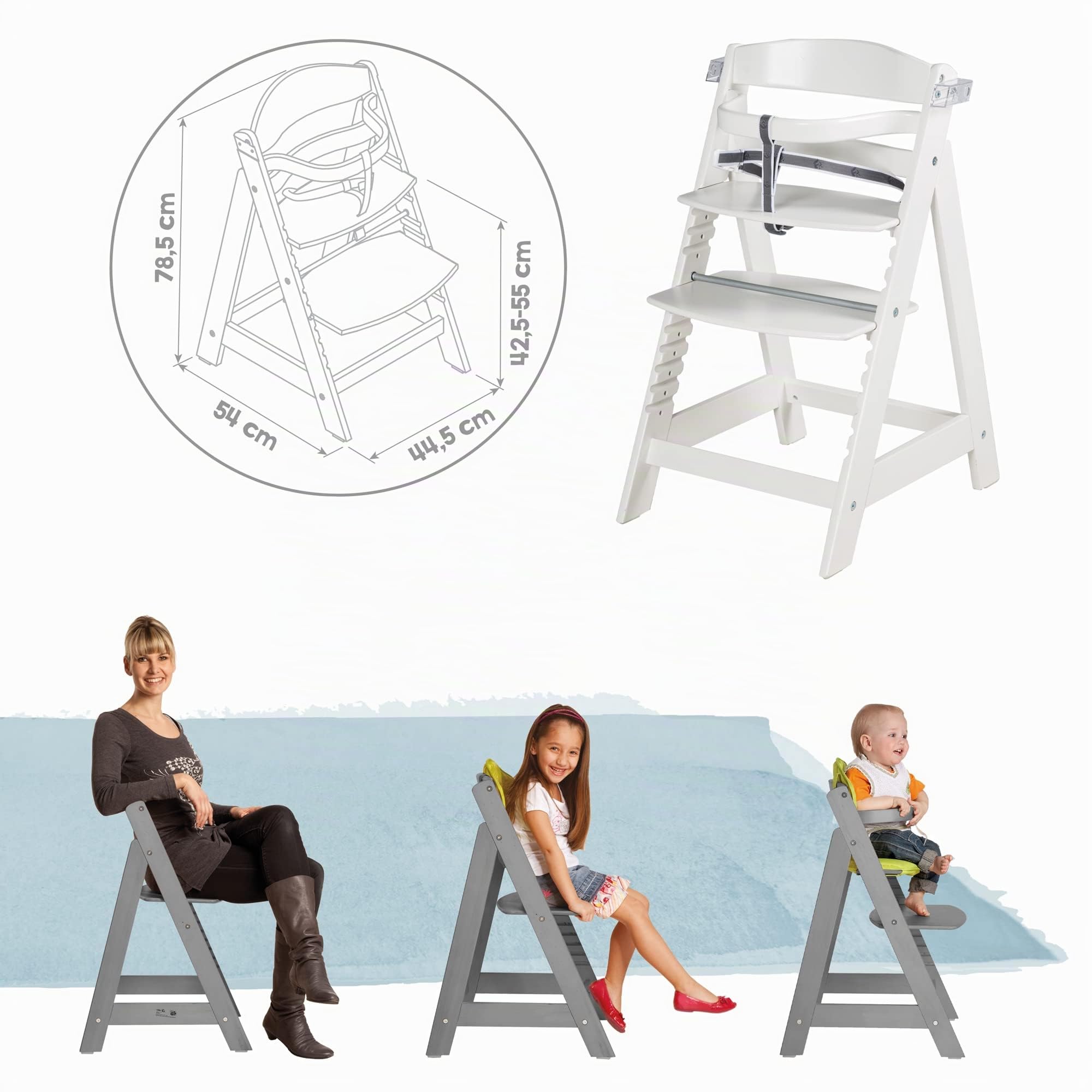 roba Seggiolone per Neonati Evolutivo Sit Up Click e Fun + Vassoio Rimovibile - Altezza Regolabile - con Barra di Protezione - Ergonomico - Legno Naturale Laccato Bianco