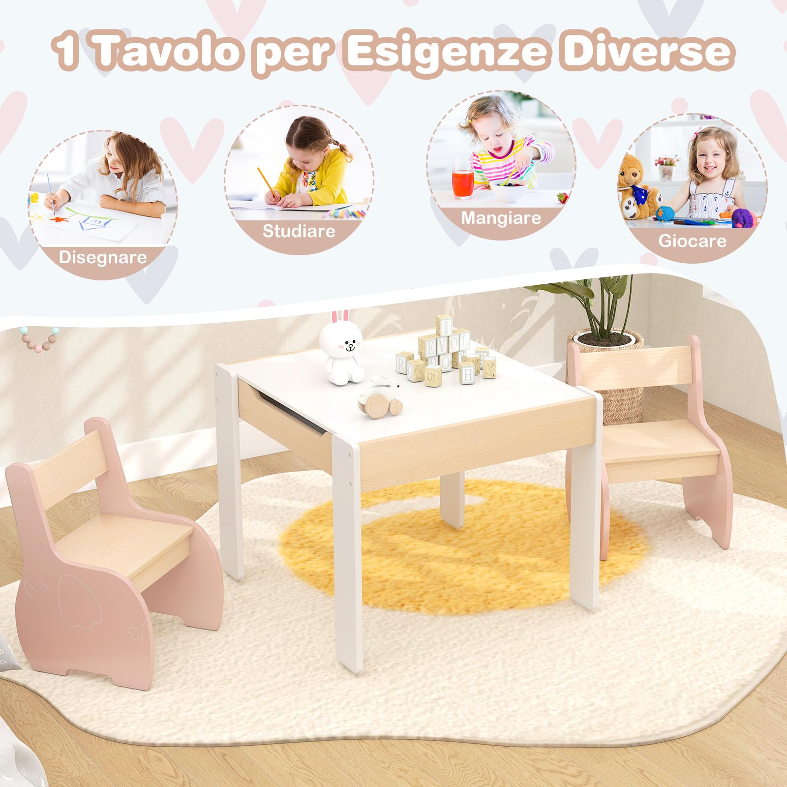 COSTWAY 3 in 1 Set Tavolo e Sedie per Bambini, Tavolo da Attività per Bambini con 2 Sedie, Lavagna Rimovibile e Deposito, per Giocare, Disegnare e Leggere, in Legno (Rosa)